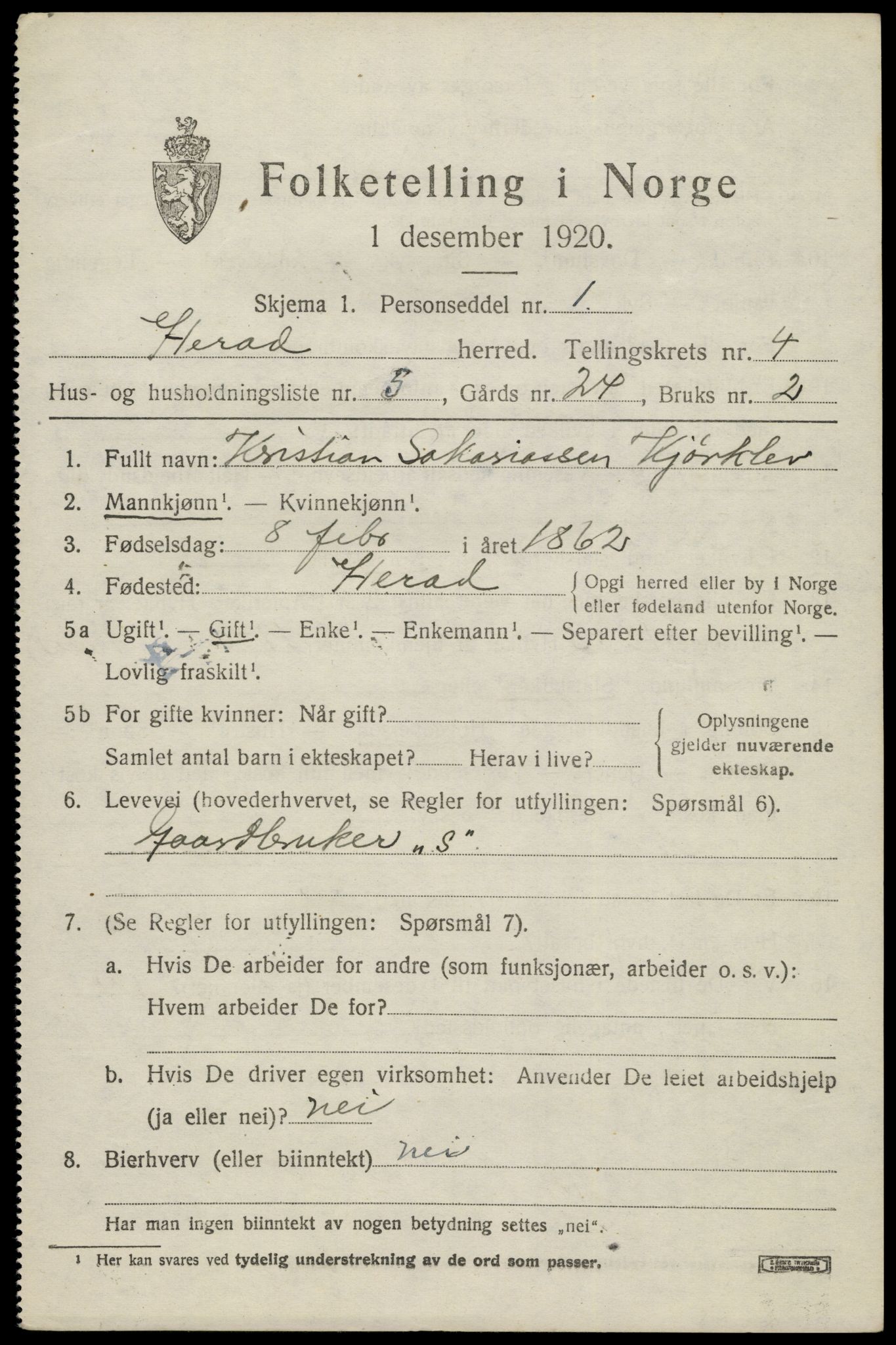 SAK, 1920 census for Herad, 1920, p. 1764