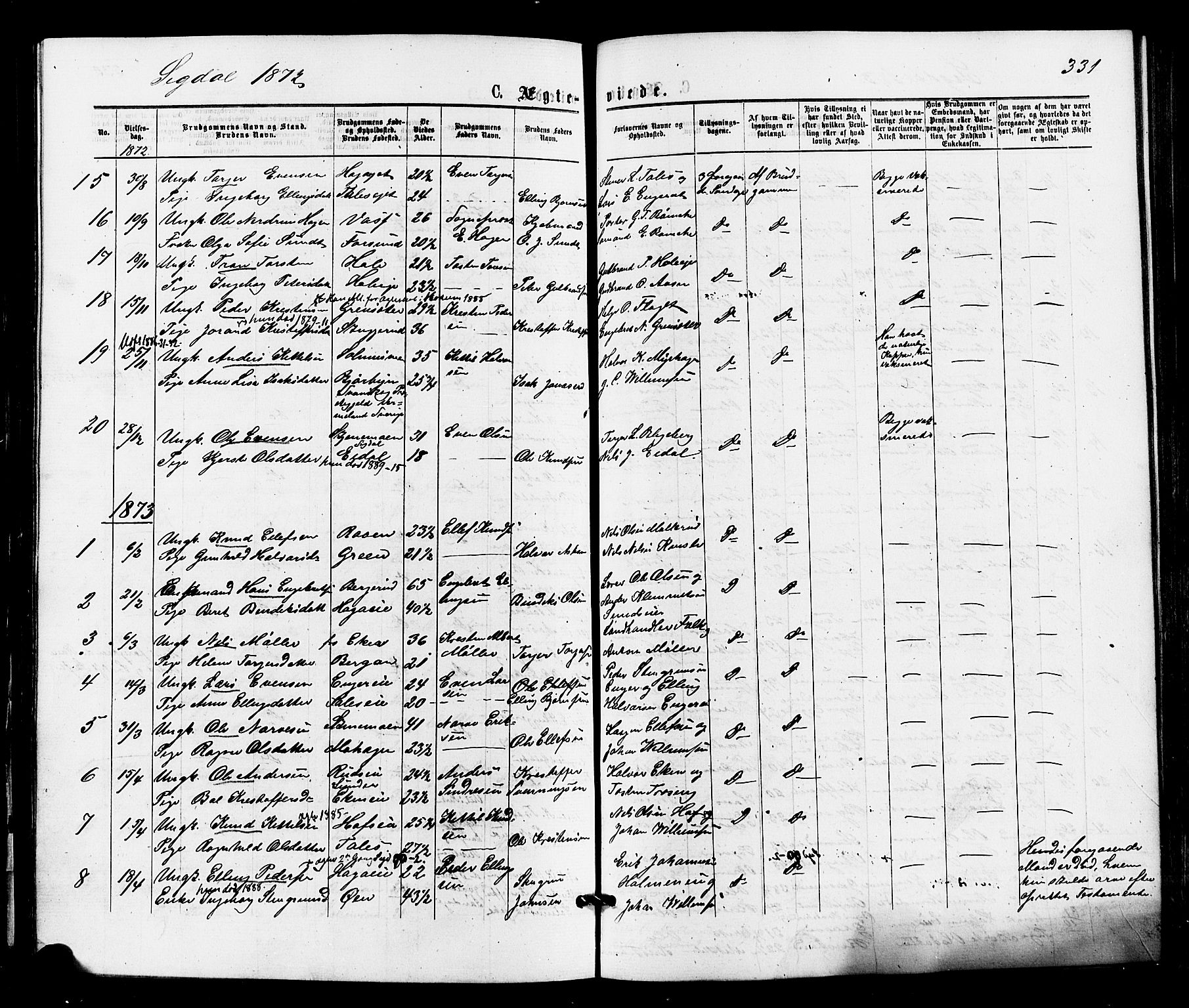 Sigdal kirkebøker, SAKO/A-245/F/Fa/L0010: Parish register (official) no. I 10 /1, 1872-1878, p. 331