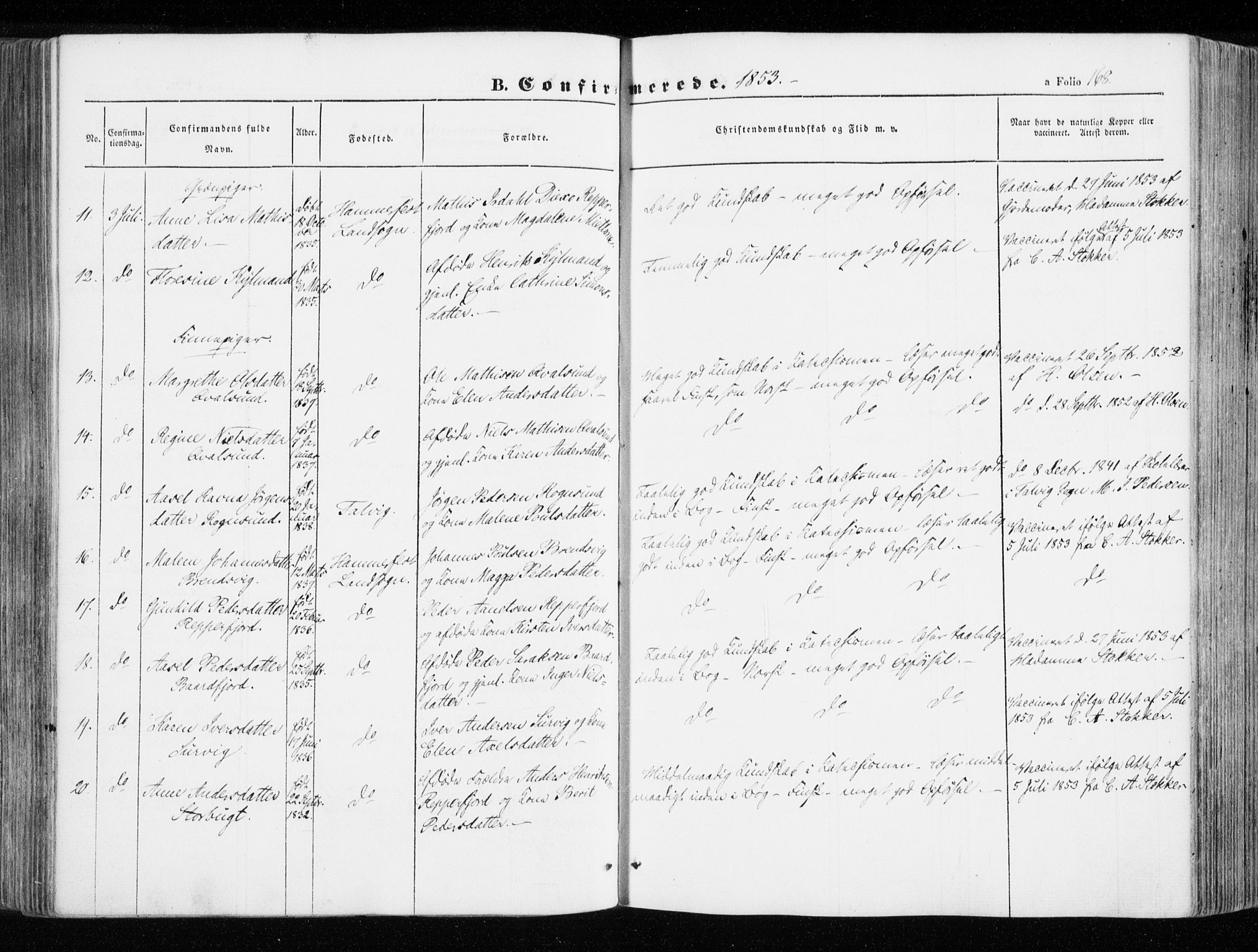 Hammerfest sokneprestkontor, SATØ/S-1347/H/Ha/L0004.kirke: Parish register (official) no. 4, 1843-1856, p. 168