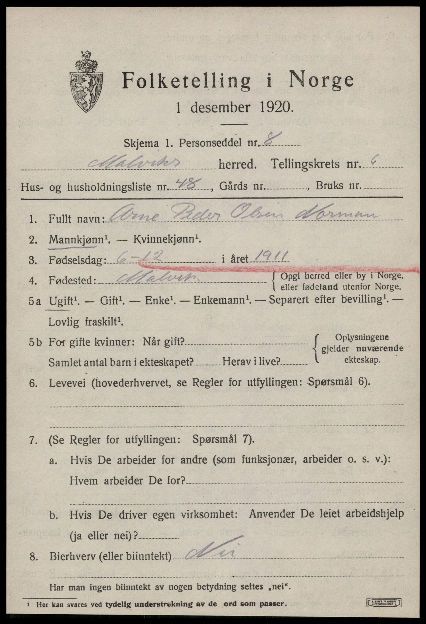 SAT, 1920 census for Malvik, 1920, p. 6244