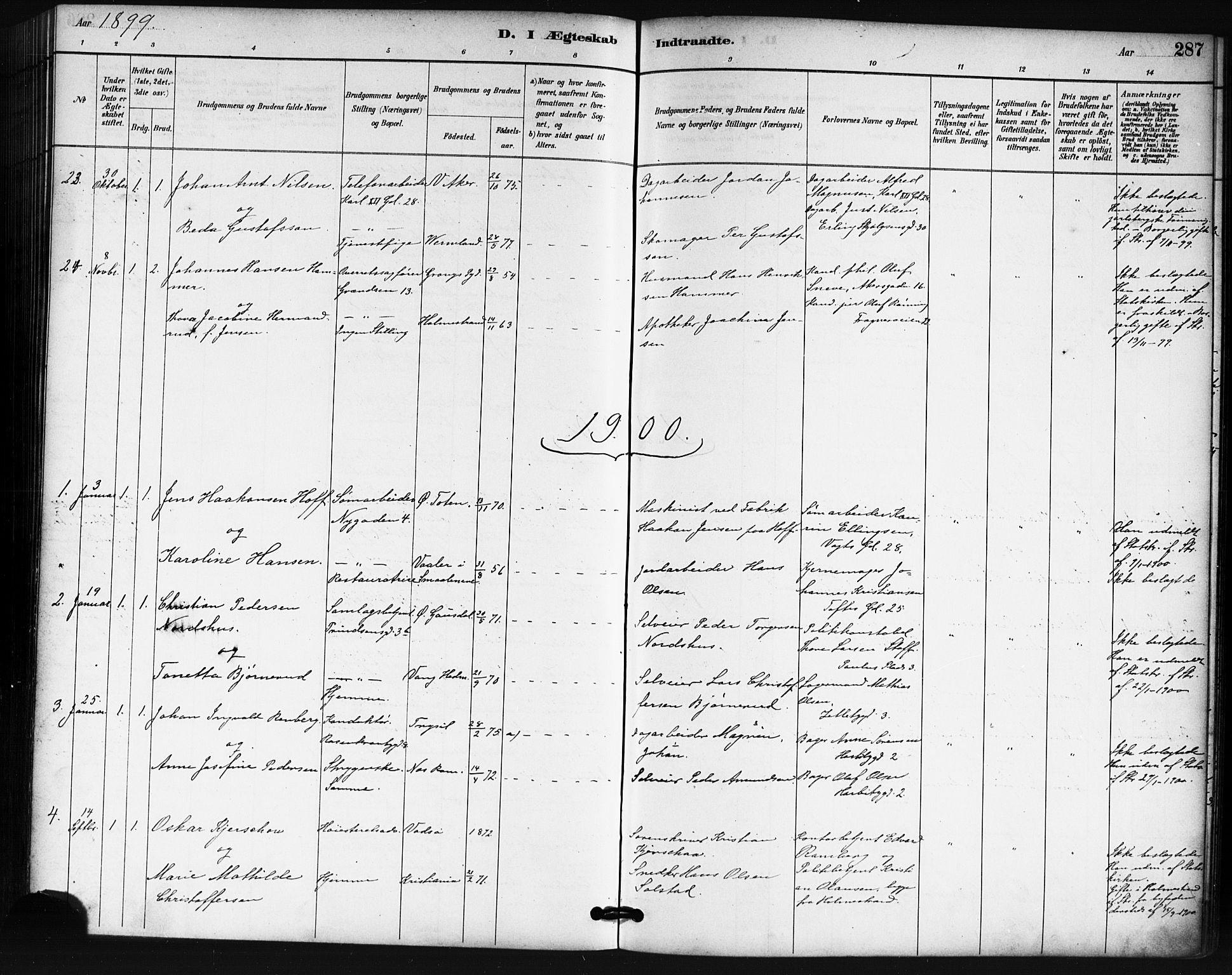 Oslo domkirke Kirkebøker, SAO/A-10752/F/Fa/L0032: Parish register (official) no. 32, 1885-1902, p. 287