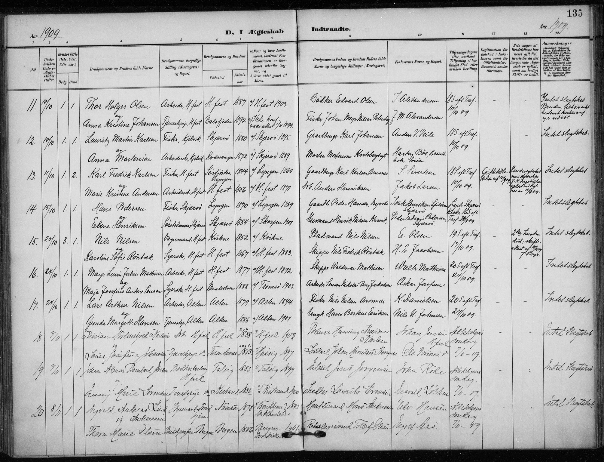 Hammerfest sokneprestkontor, SATØ/S-1347/H/Ha/L0014.kirke: Parish register (official) no. 14, 1906-1916, p. 135