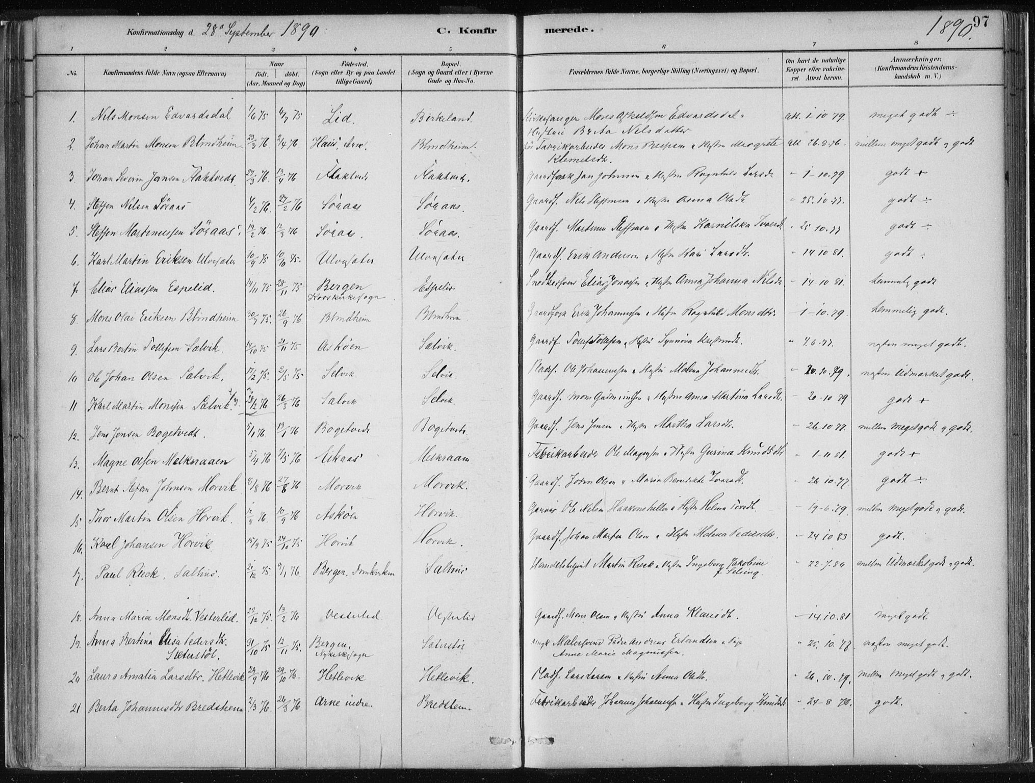 Hamre sokneprestembete, SAB/A-75501/H/Ha/Haa/Haad/L0001: Parish register (official) no. D  1, 1882-1906, p. 97