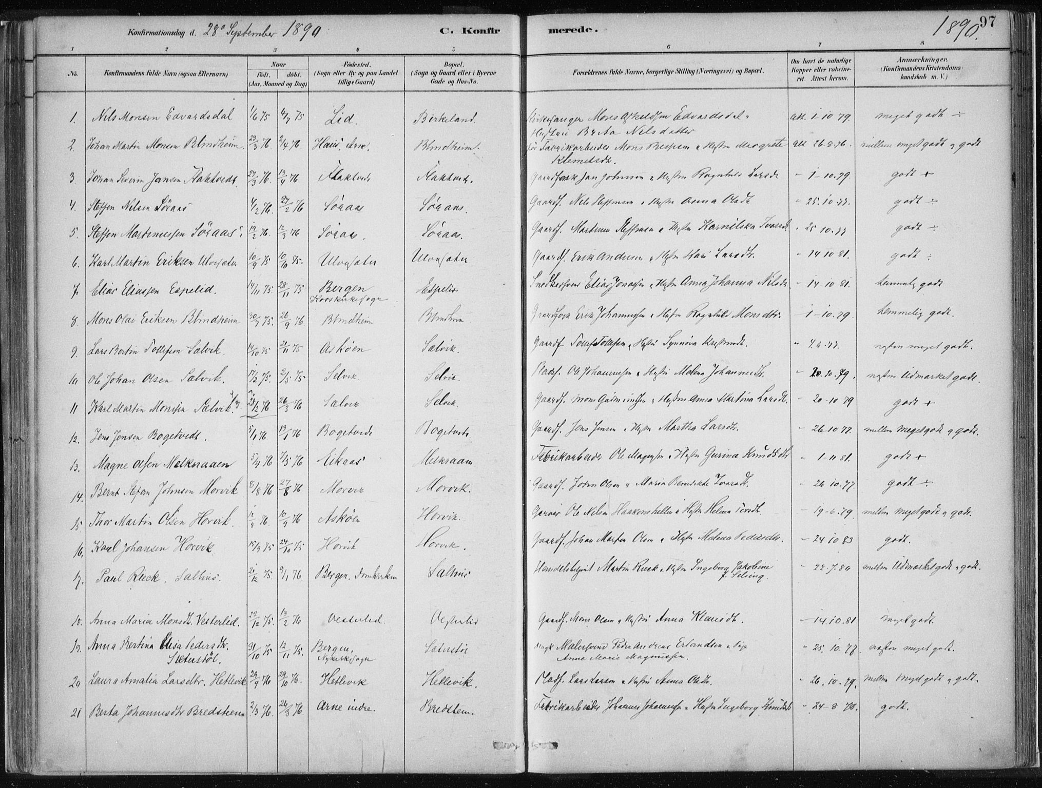 Hamre sokneprestembete, AV/SAB-A-75501/H/Ha/Haa/Haad/L0001: Parish register (official) no. D  1, 1882-1906, p. 97