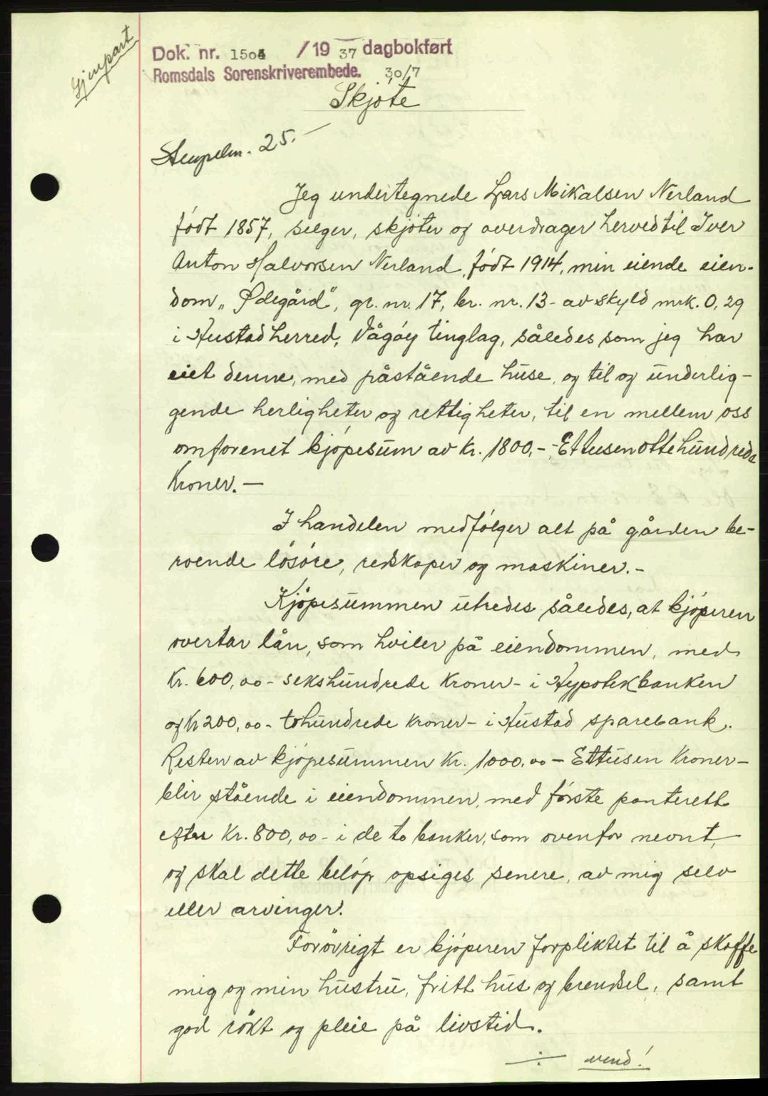 Romsdal sorenskriveri, SAT/A-4149/1/2/2C: Mortgage book no. A3, 1937-1937, Diary no: : 1504/1937