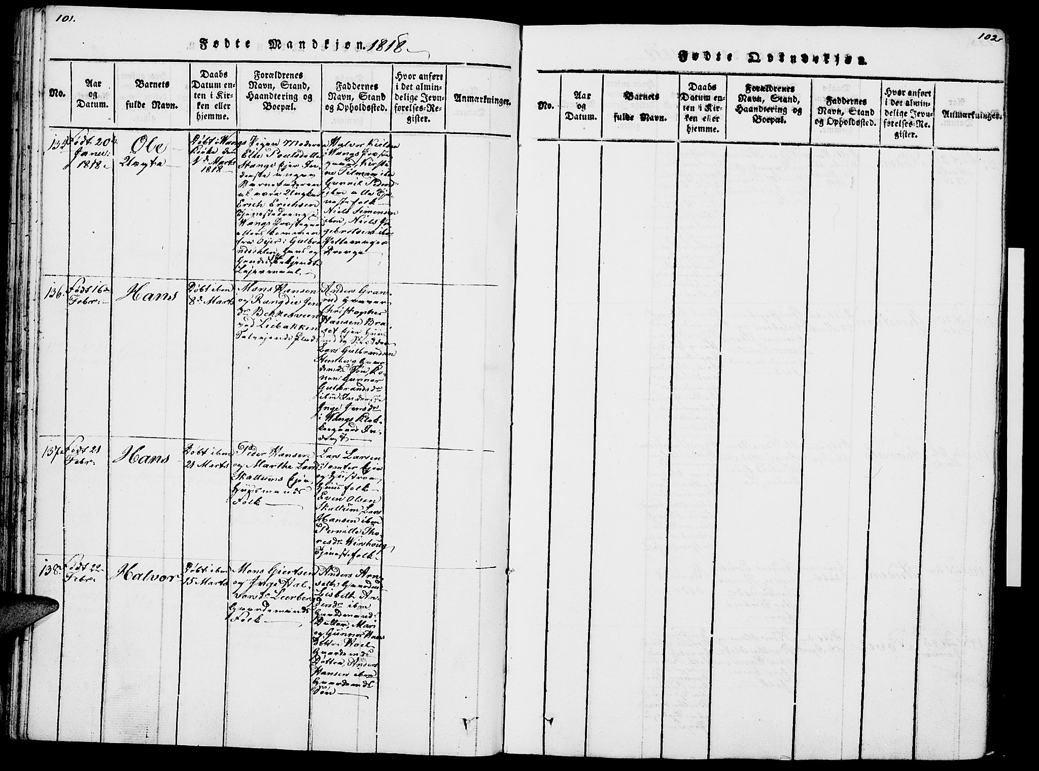 Vang prestekontor, Hedmark, AV/SAH-PREST-008/H/Ha/Haa/L0007: Parish register (official) no. 7, 1813-1826, p. 101-102