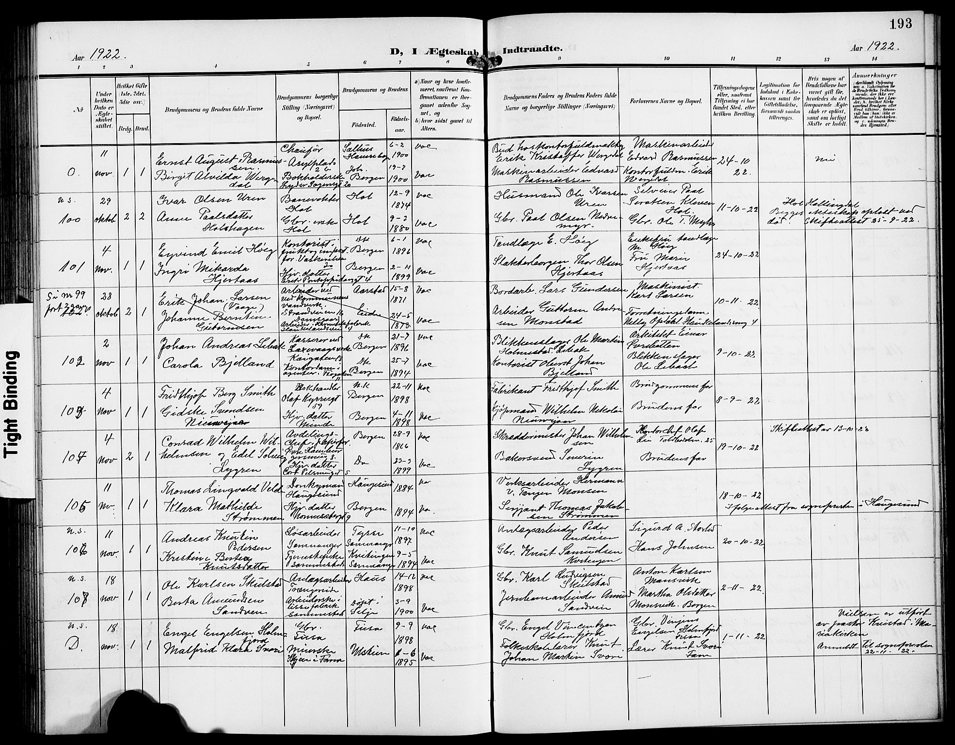 Domkirken sokneprestembete, AV/SAB-A-74801/H/Hab/L0033: Parish register (copy) no. D 5, 1907-1924, p. 193