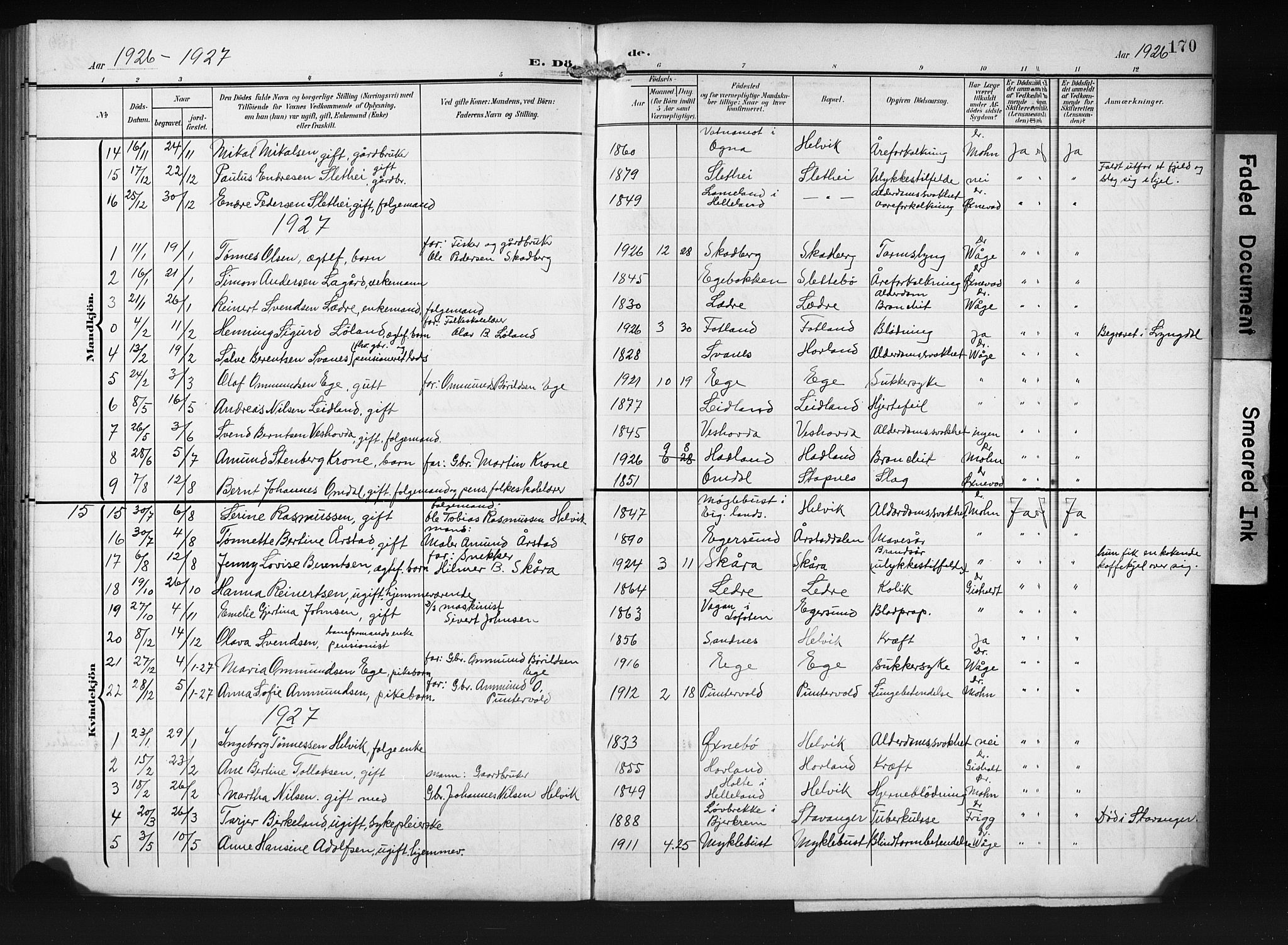 Eigersund sokneprestkontor, SAST/A-101807/S09/L0011: Parish register (copy) no. B 11, 1908-1930, p. 170