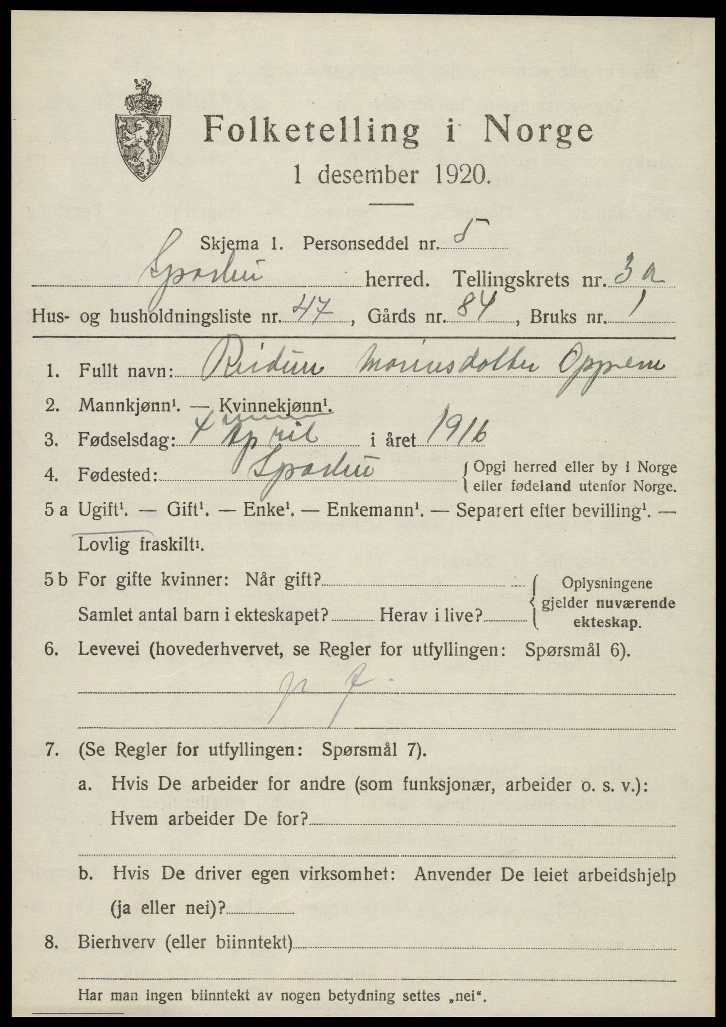 SAT, 1920 census for Sparbu, 1920, p. 4797