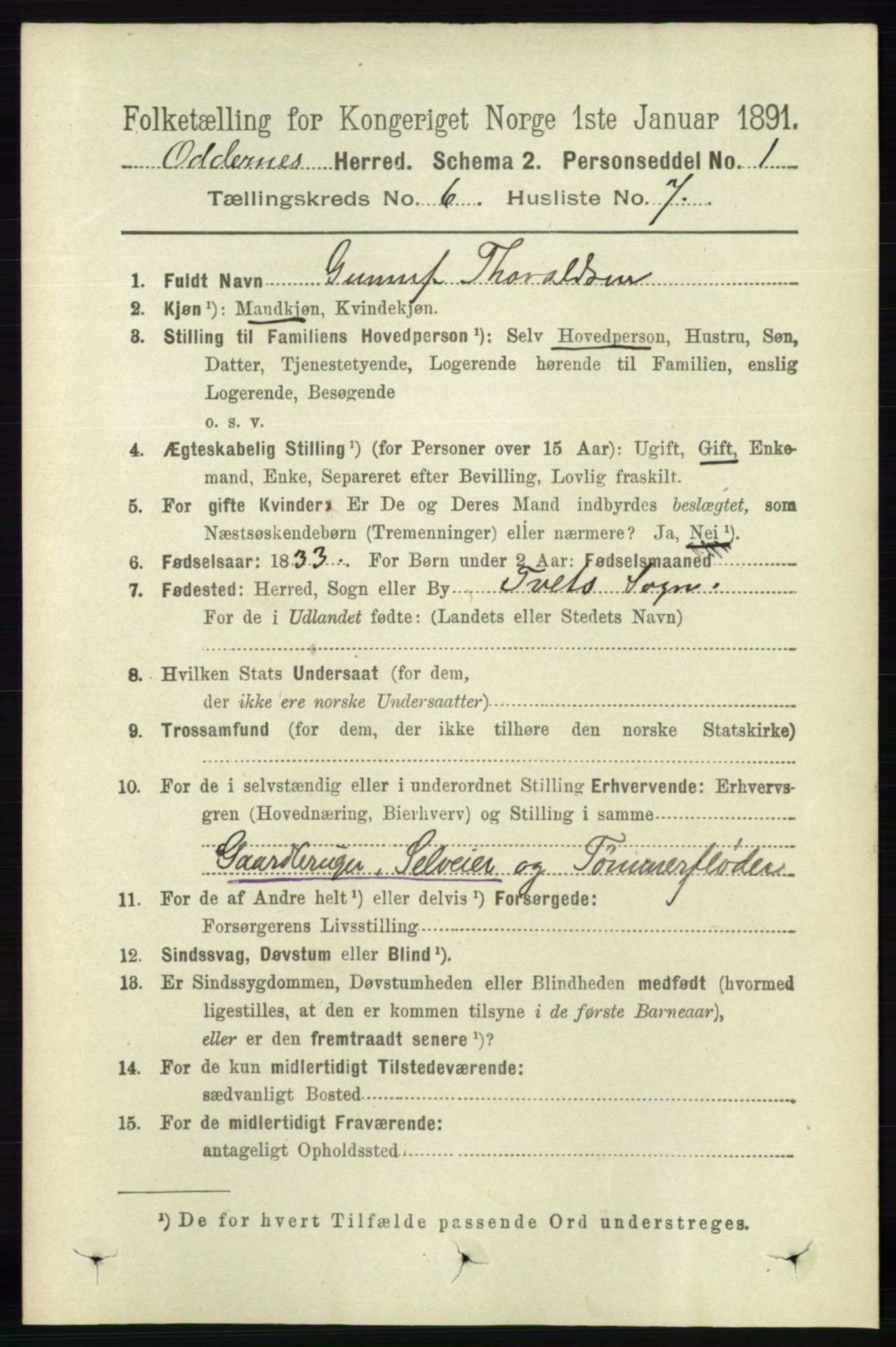 RA, 1891 census for 1012 Oddernes, 1891, p. 2226