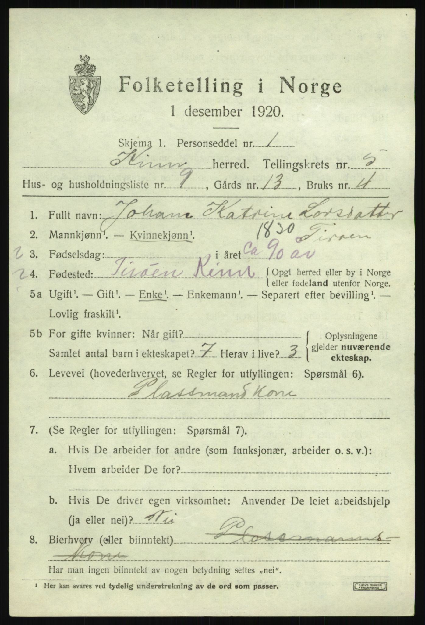 SAB, 1920 census for Kinn, 1920, p. 2713