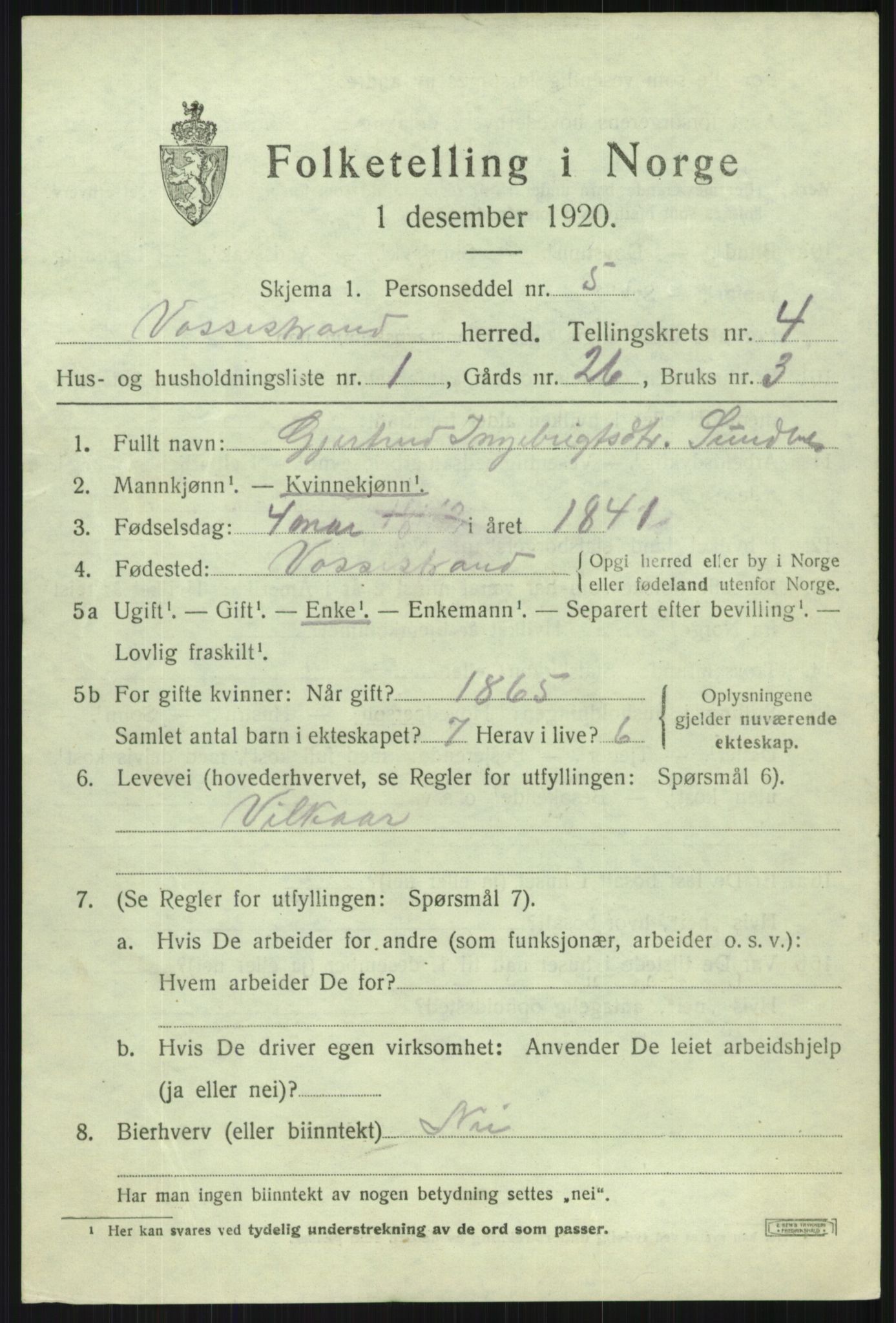 SAB, 1920 census for Vossestrand, 1920, p. 2002