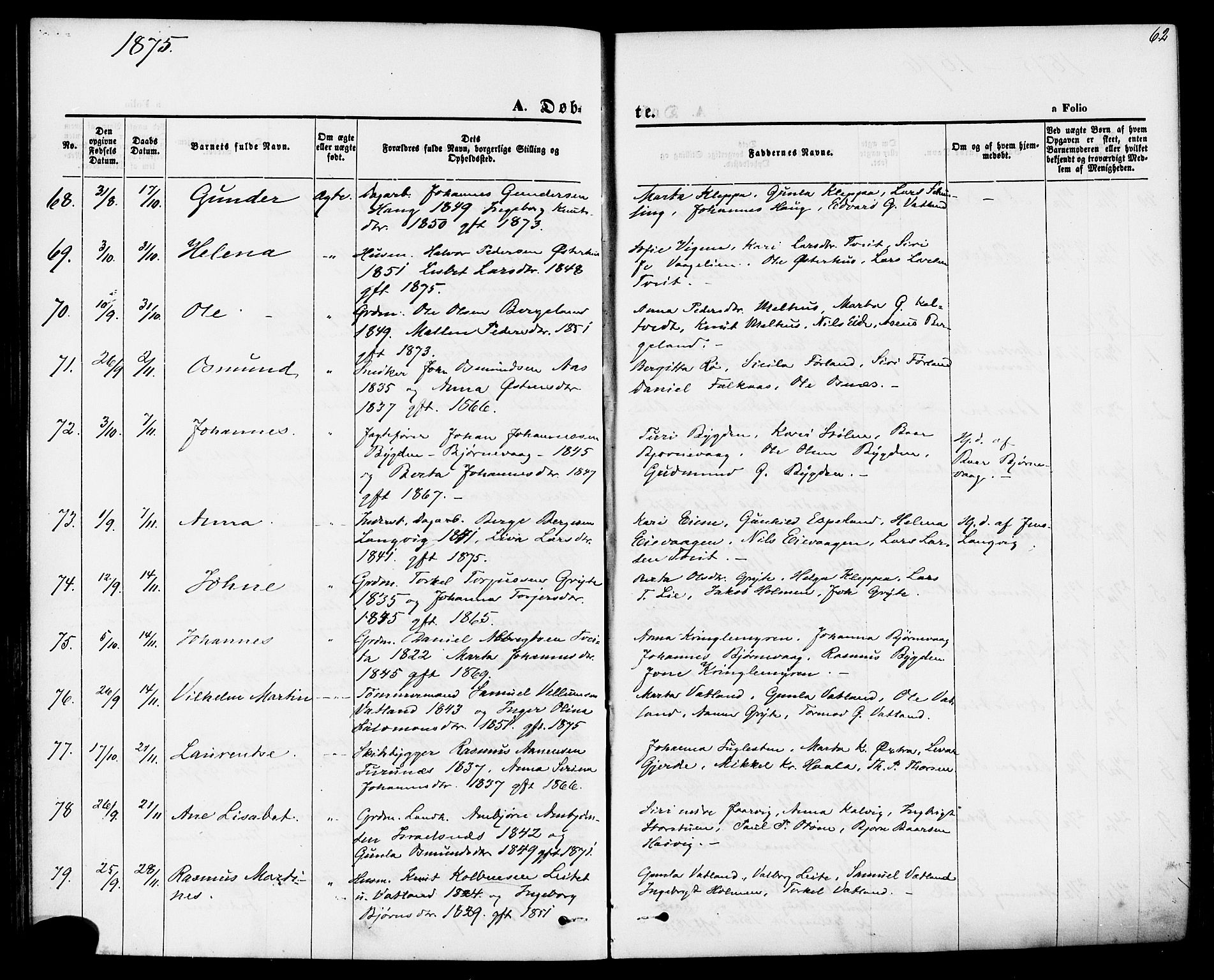 Jelsa sokneprestkontor, AV/SAST-A-101842/01/IV: Parish register (official) no. A 8, 1867-1883, p. 62