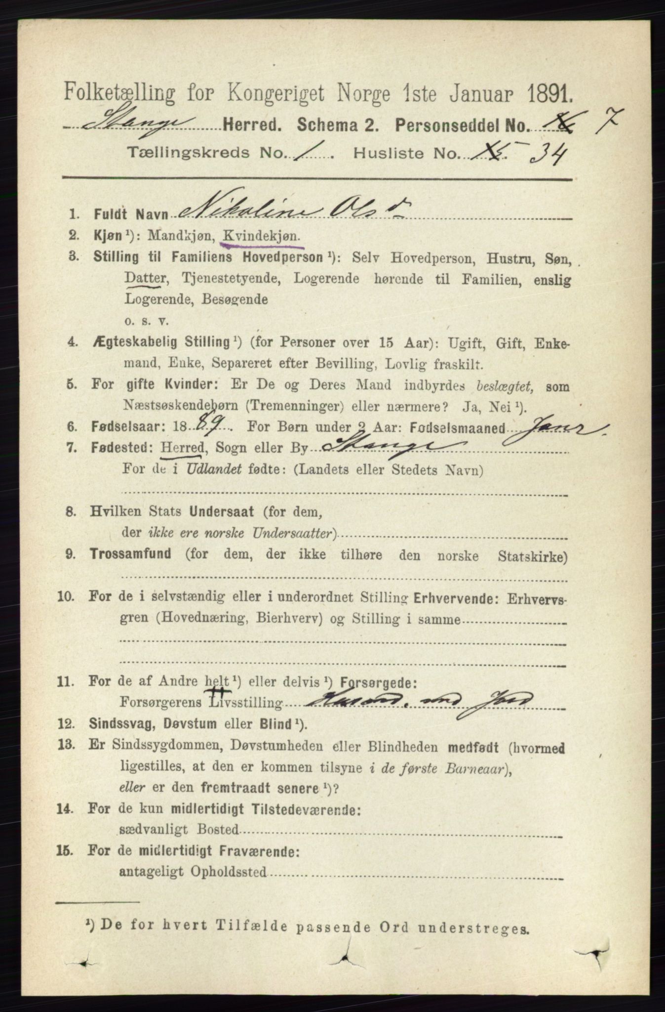 RA, 1891 census for 0417 Stange, 1891, p. 413