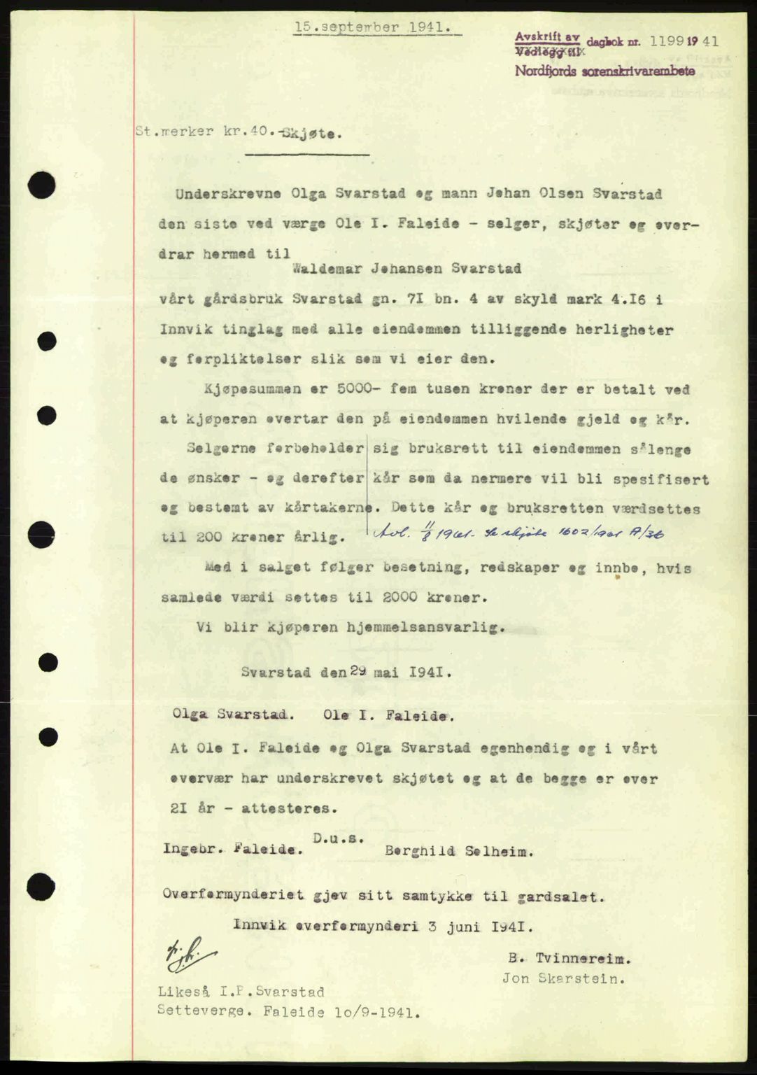 Nordfjord sorenskriveri, AV/SAB-A-2801/02/02b/02bj/L0006: Mortgage book no. A6, 1940-1941, Diary no: : 1199/1941