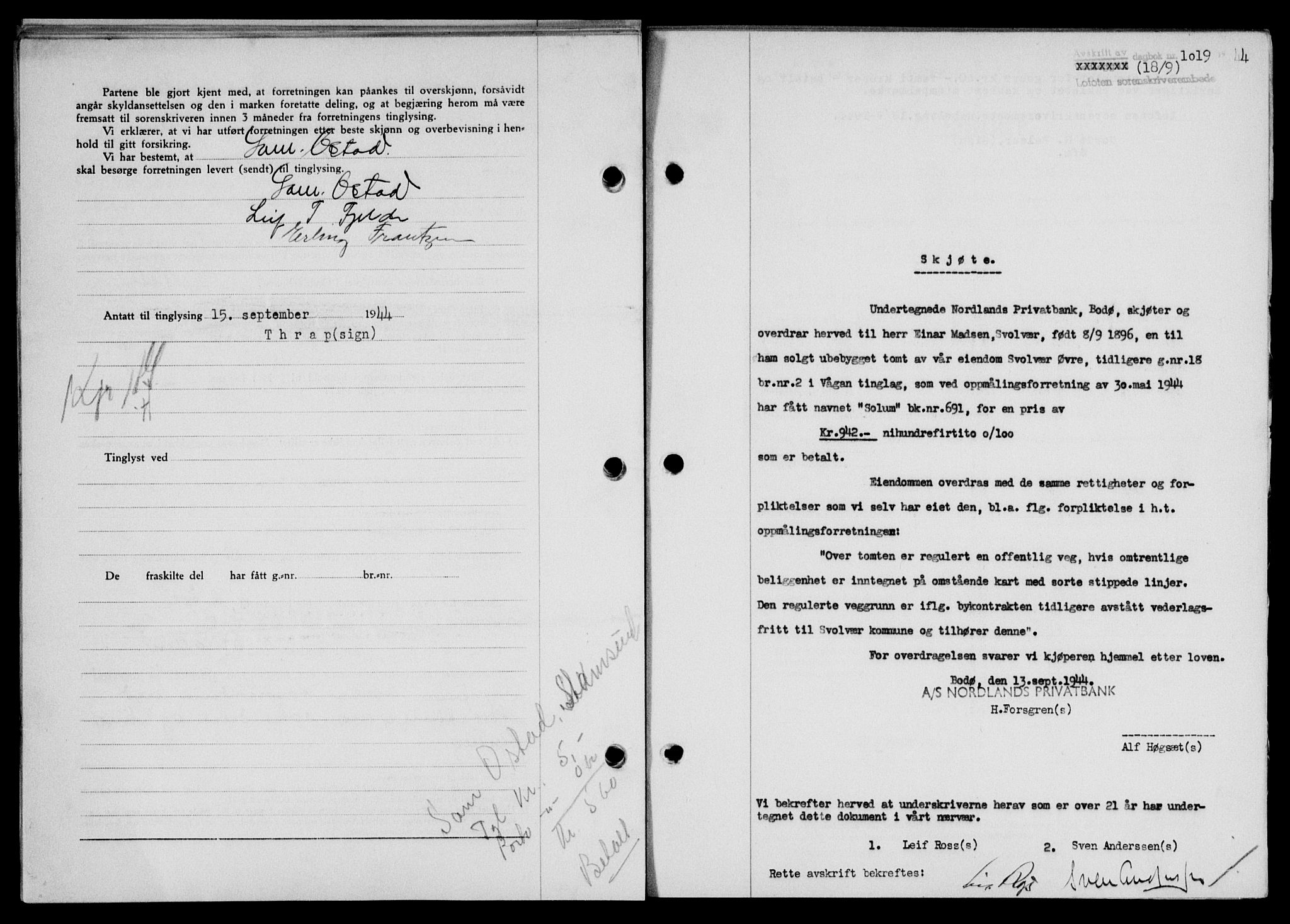 Lofoten sorenskriveri, SAT/A-0017/1/2/2C/L0012a: Mortgage book no. 12a, 1943-1944, Diary no: : 1019/1944