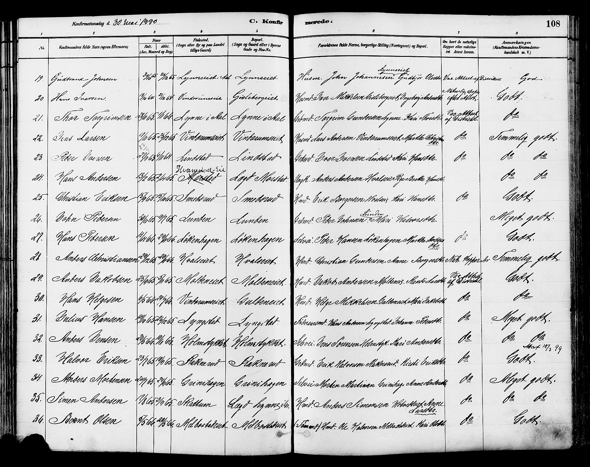 Gran prestekontor, SAH/PREST-112/H/Ha/Haa/L0014: Parish register (official) no. 14, 1880-1889, p. 108