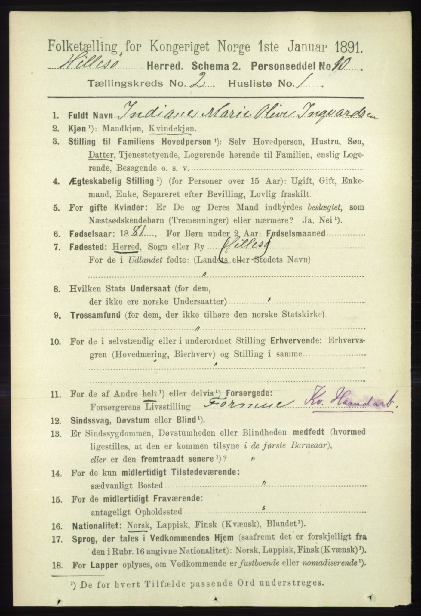 RA, 1891 census for 1930 Hillesøy, 1891, p. 638