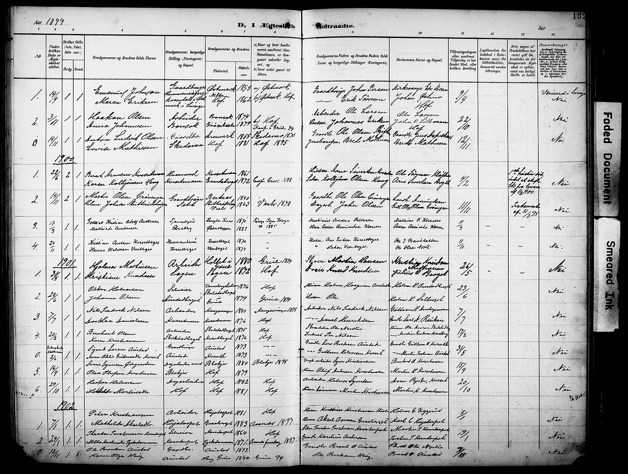 Hof prestekontor, SAH/PREST-038/H/Ha/Hab/L0005: Parish register (copy) no. 5, 1899-1916, p. 132