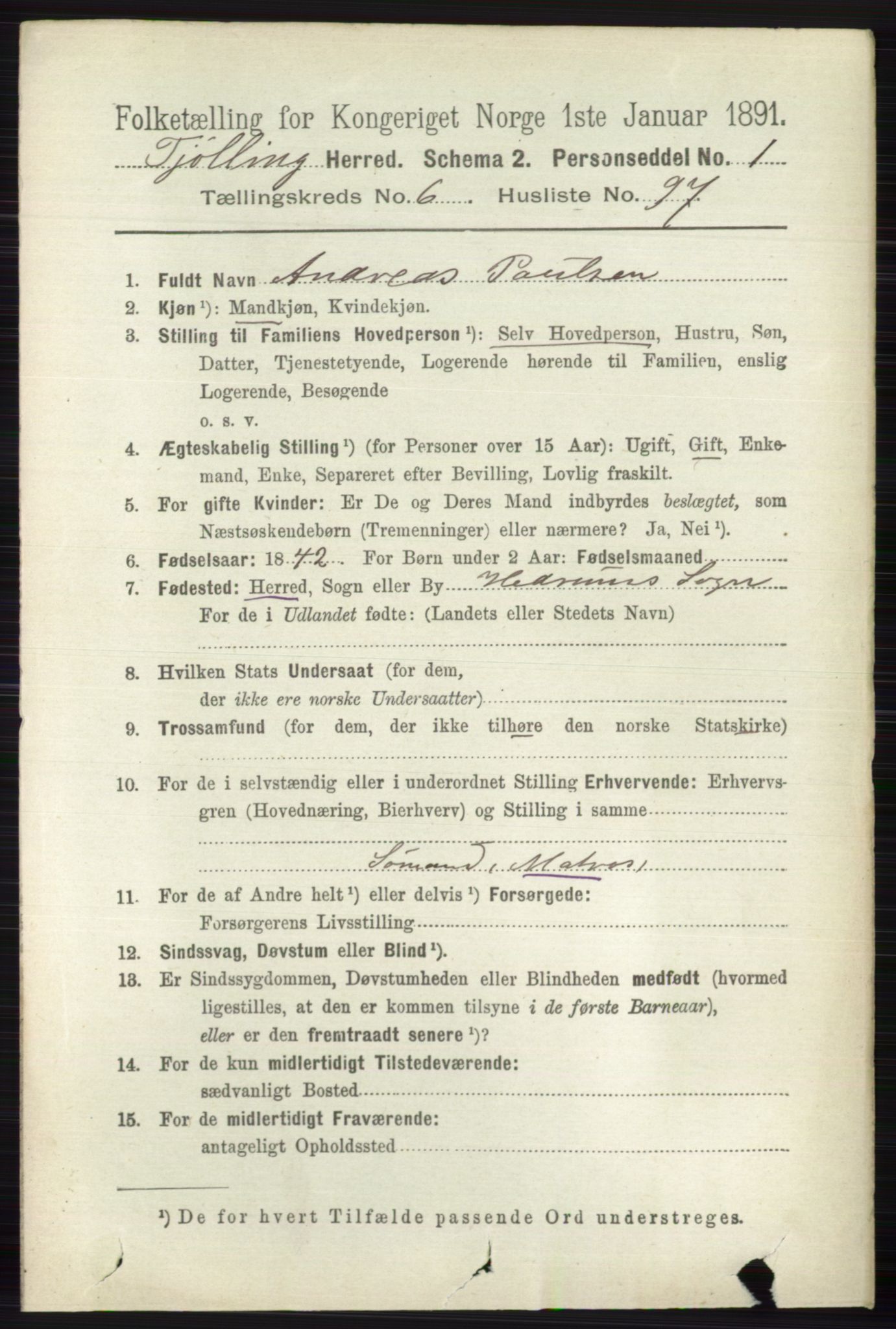 RA, 1891 census for 0725 Tjølling, 1891, p. 3543