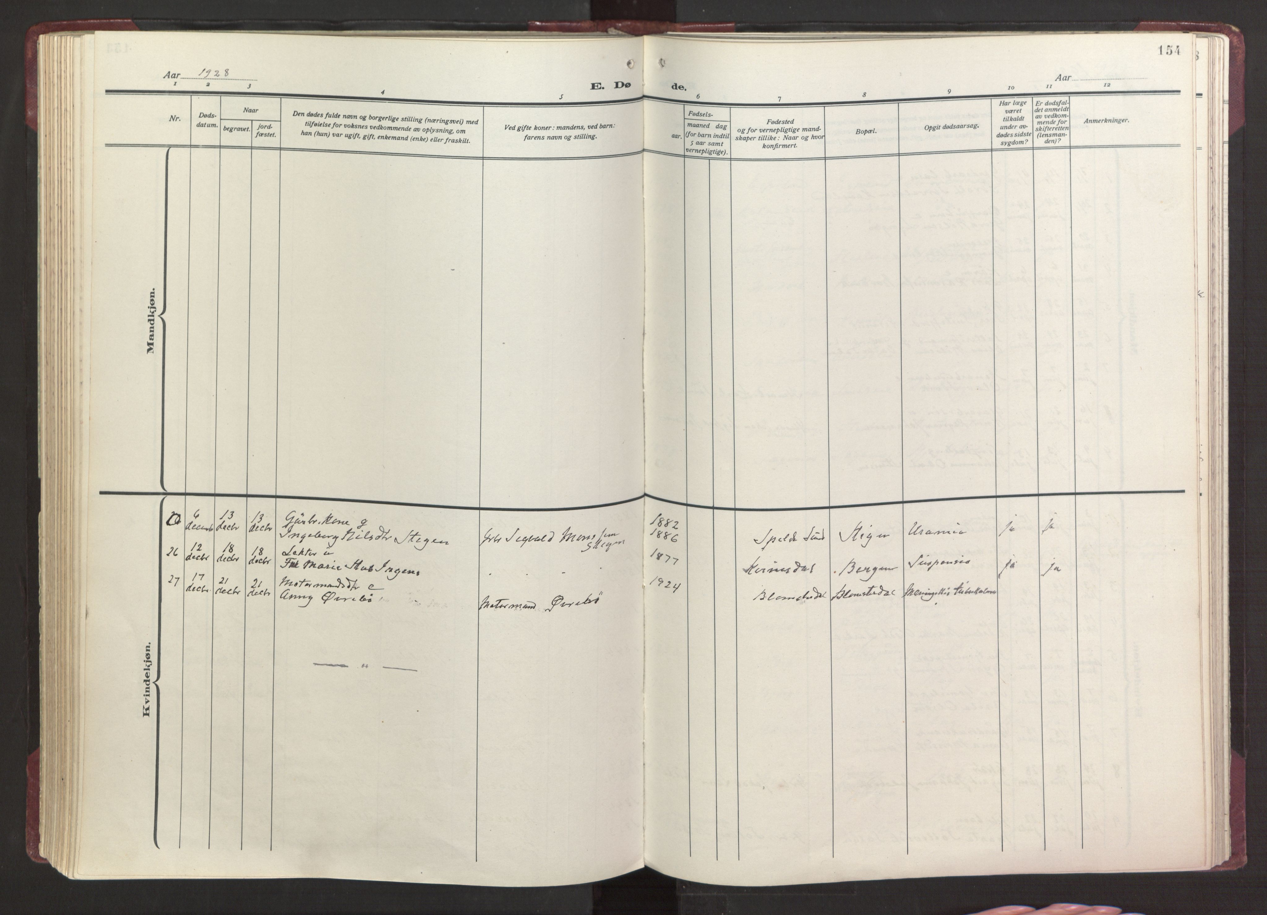 Fana Sokneprestembete, AV/SAB-A-75101/H/Haa/Haab/L0006: Parish register (official) no. B 6, 1923-1967, p. 154