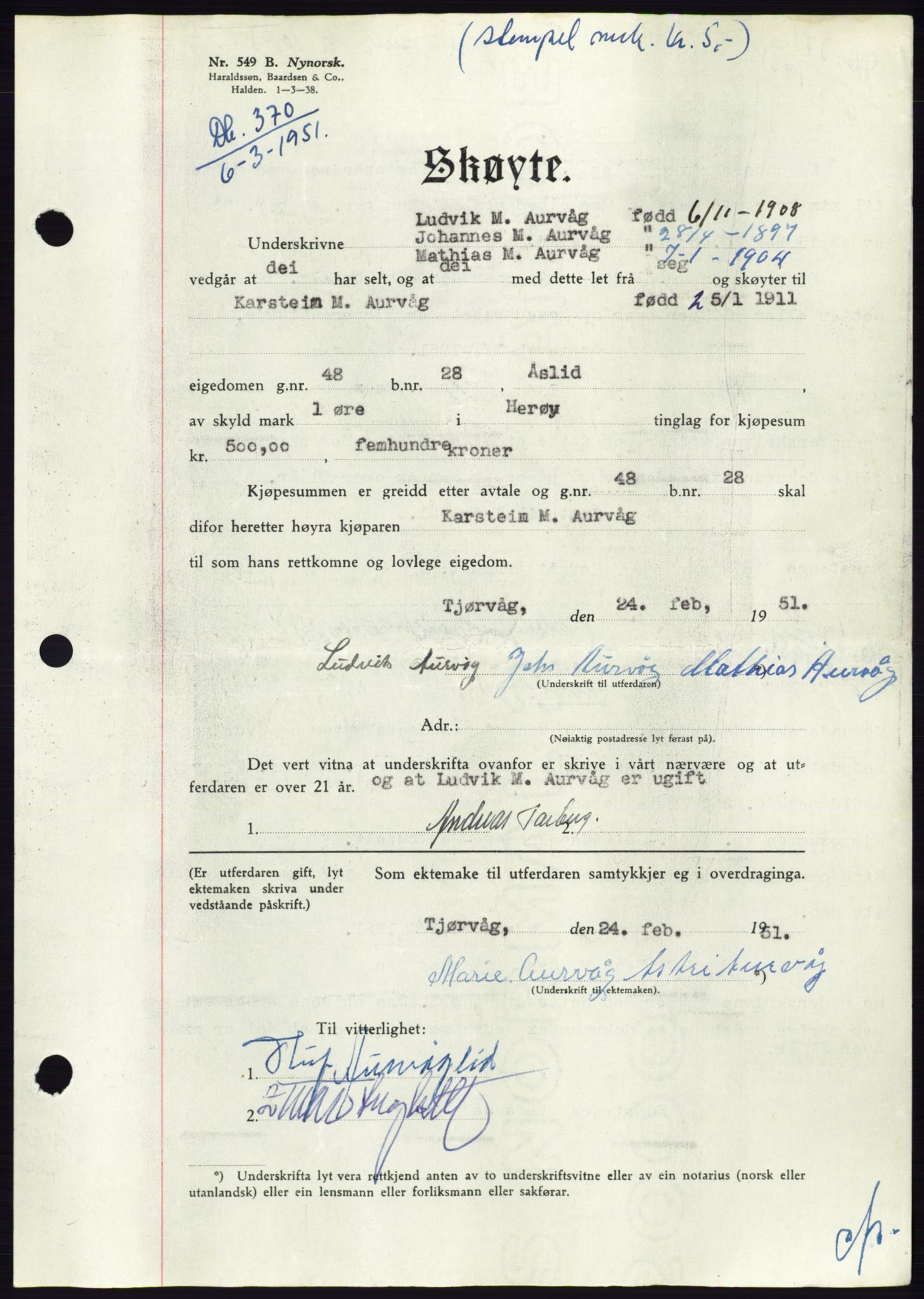 Søre Sunnmøre sorenskriveri, AV/SAT-A-4122/1/2/2C/L0088: Mortgage book no. 14A, 1950-1951, Diary no: : 370/1951