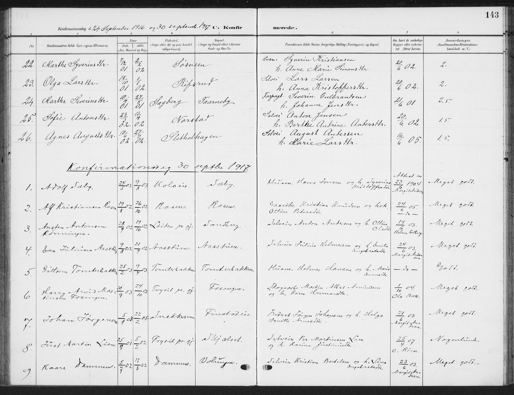 Romedal prestekontor, SAH/PREST-004/K/L0009: Parish register (official) no. 9, 1906-1929, p. 143