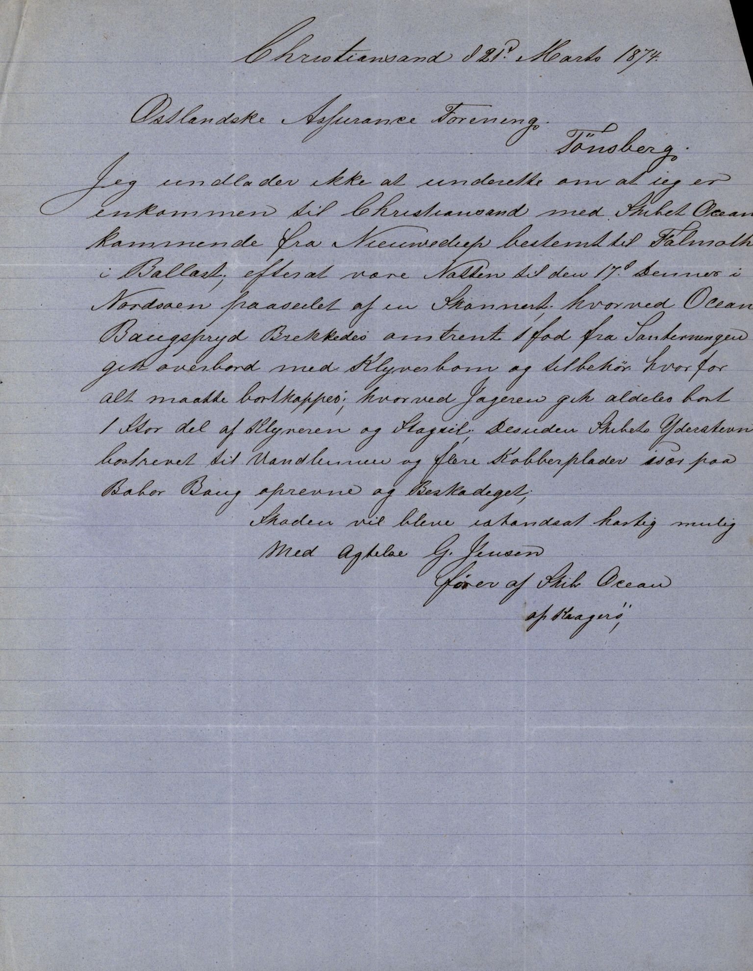 Pa 63 - Østlandske skibsassuranceforening, VEMU/A-1079/G/Ga/L0006/0024: Havaridokumenter / Ocean, 1874