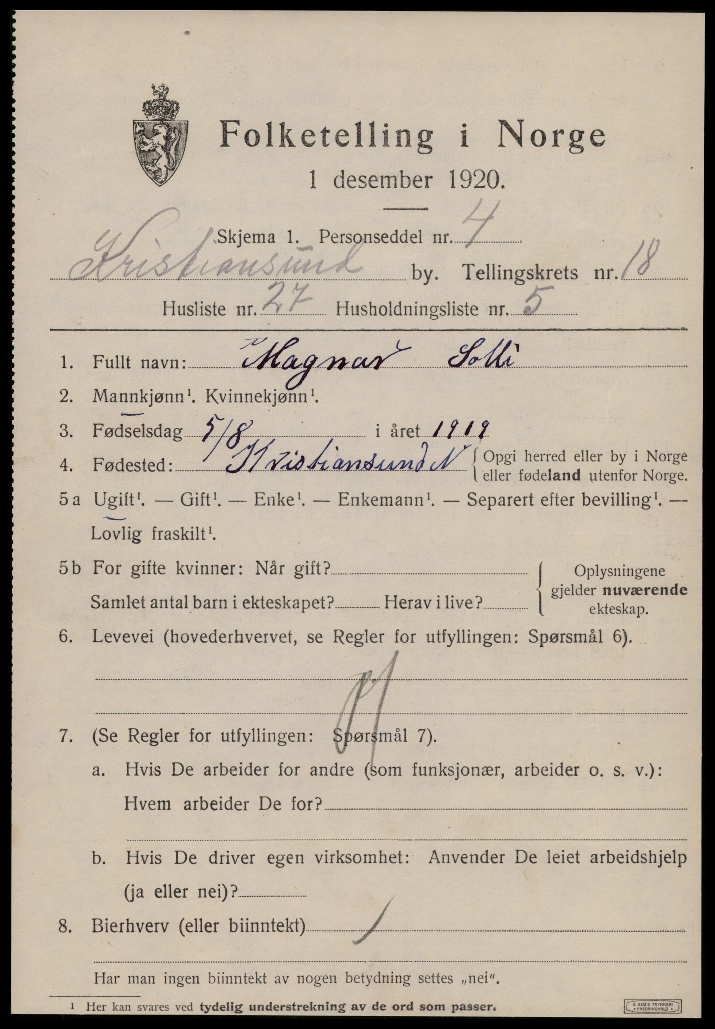 SAT, 1920 census for Kristiansund, 1920, p. 37333