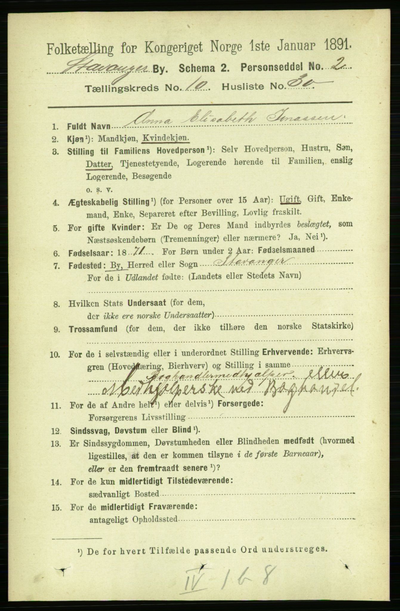 RA, 1891 census for 1103 Stavanger, 1891, p. 14004