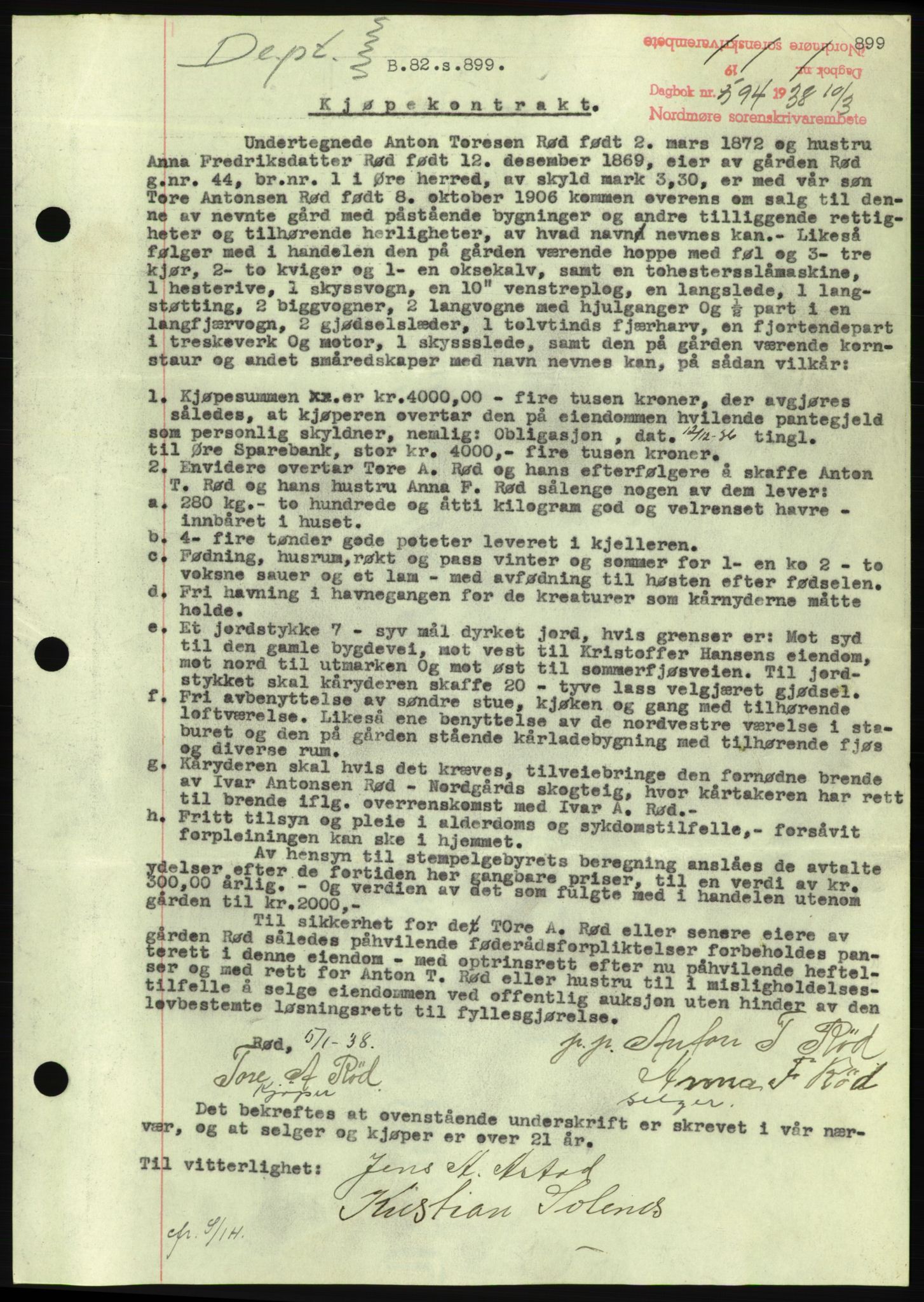 Nordmøre sorenskriveri, AV/SAT-A-4132/1/2/2Ca/L0092: Mortgage book no. B82, 1937-1938, Diary no: : 594/1938