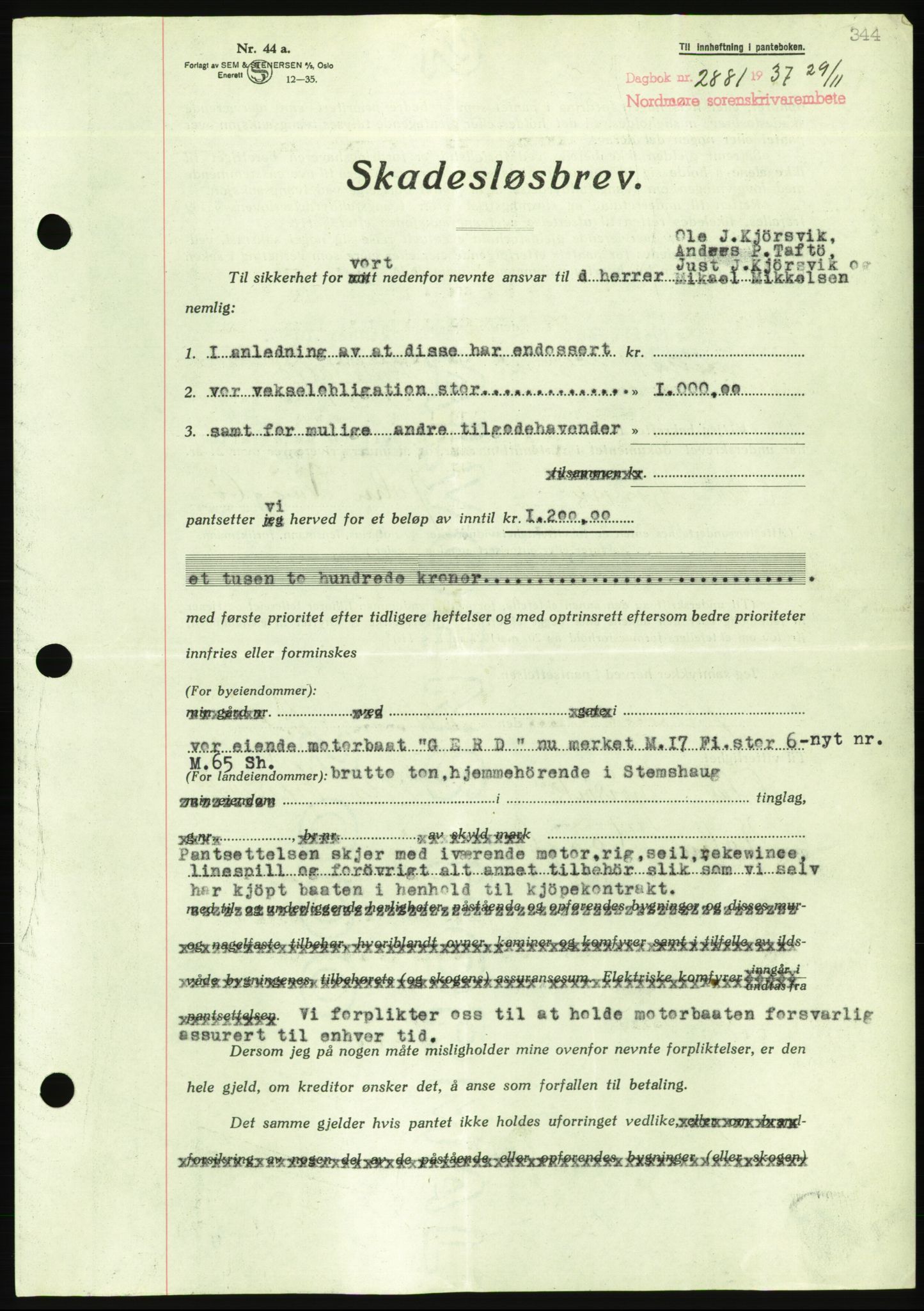 Nordmøre sorenskriveri, AV/SAT-A-4132/1/2/2Ca/L0092: Mortgage book no. B82, 1937-1938, Diary no: : 2881/1937