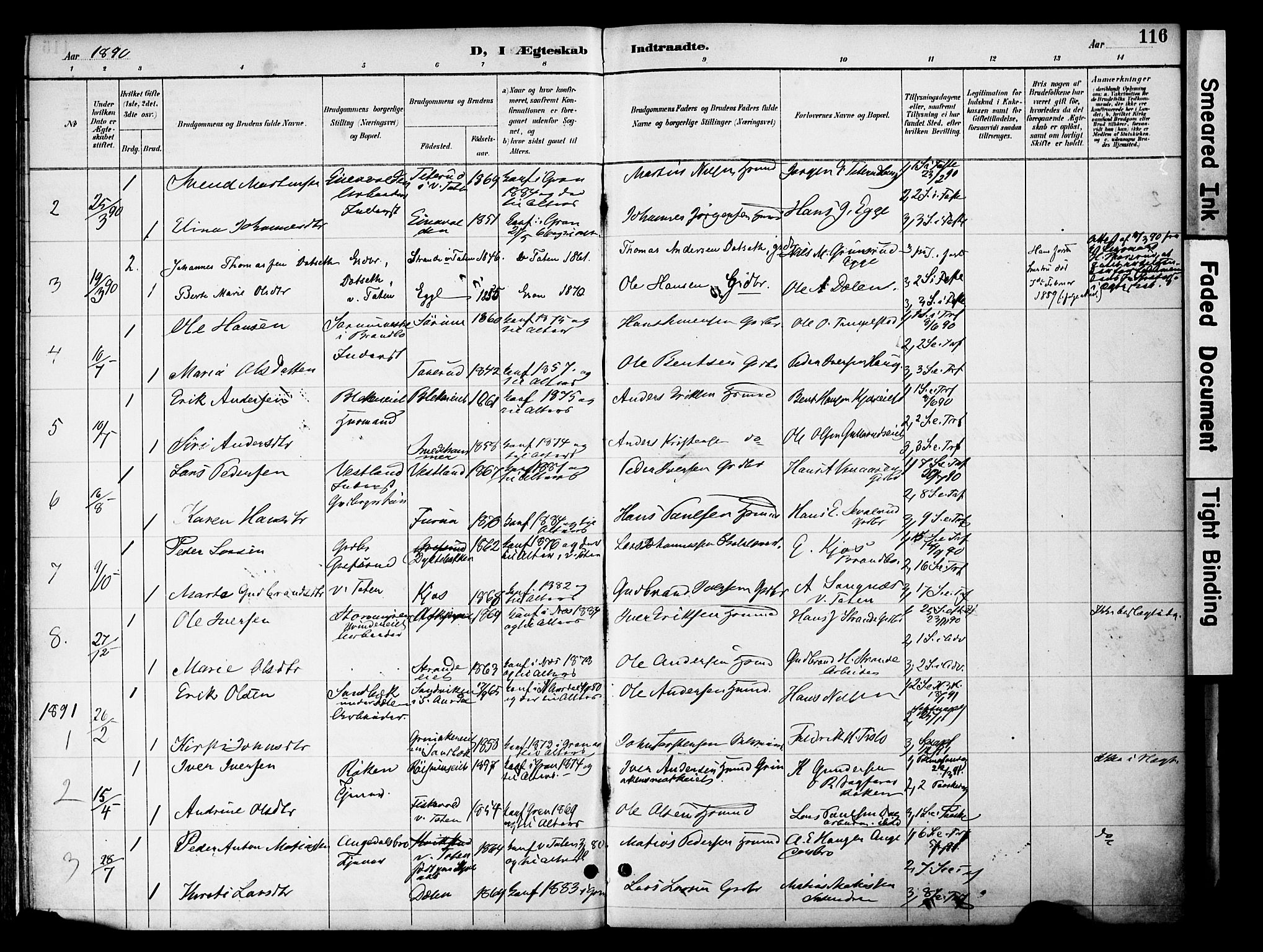 Gran prestekontor, SAH/PREST-112/H/Ha/Haa/L0020: Parish register (official) no. 20, 1889-1899, p. 116