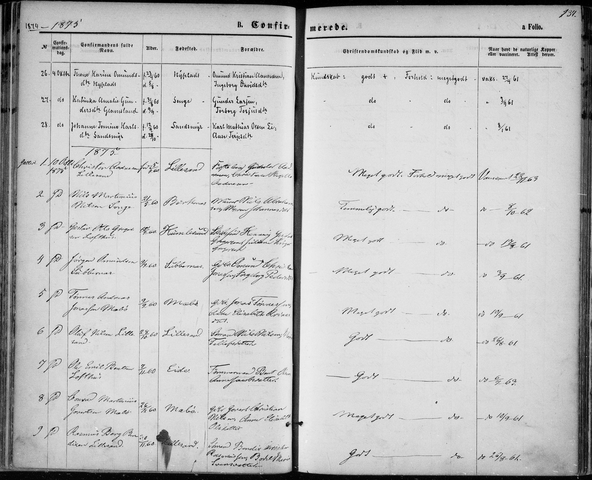 Vestre Moland sokneprestkontor, AV/SAK-1111-0046/F/Fa/Fab/L0008: Parish register (official) no. A 8, 1873-1883, p. 134