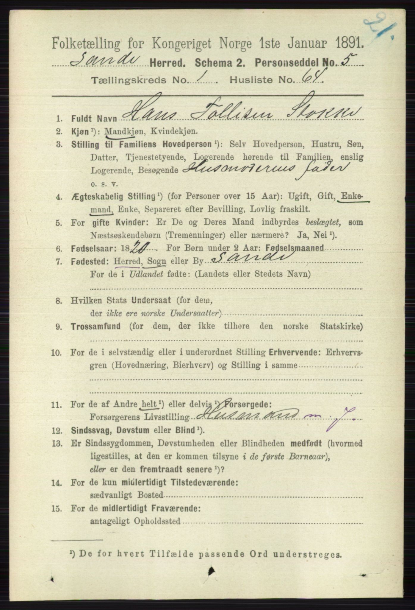 RA, 1891 census for 0713 Sande, 1891, p. 465