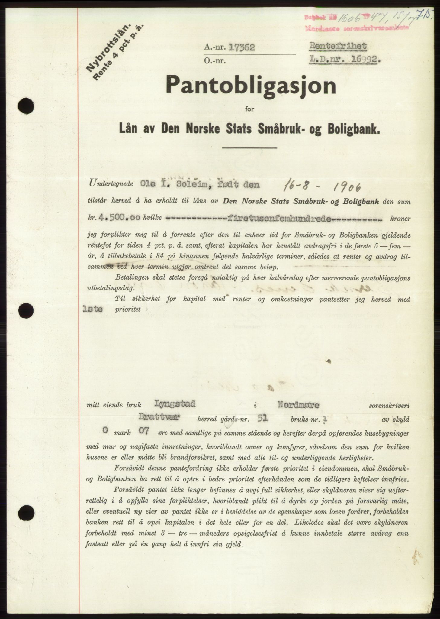 Nordmøre sorenskriveri, AV/SAT-A-4132/1/2/2Ca: Mortgage book no. B96, 1947-1947, Diary no: : 1606/1947