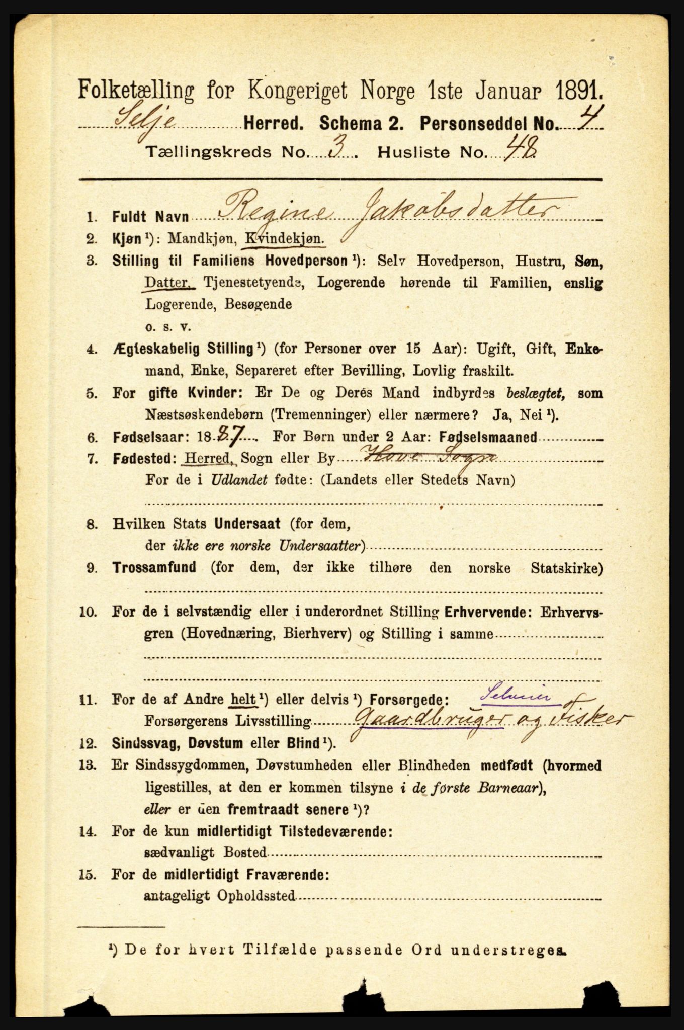 RA, 1891 census for 1441 Selje, 1891, p. 901