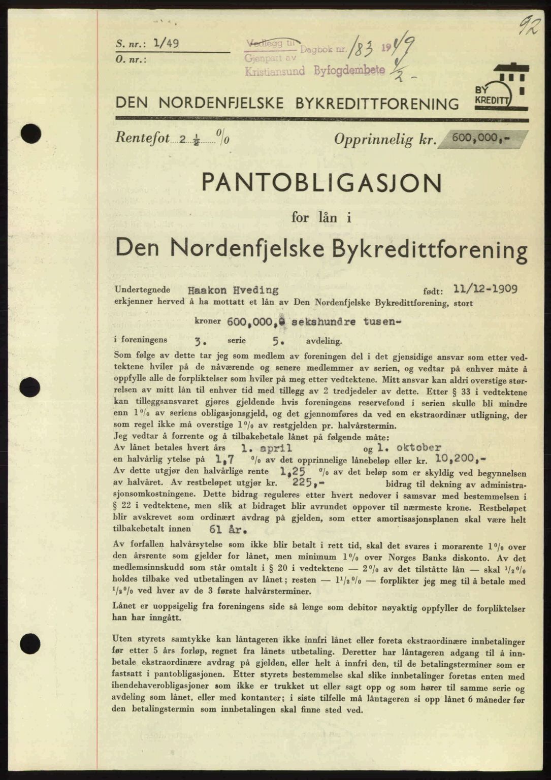 Kristiansund byfogd, AV/SAT-A-4587/A/27: Mortgage book no. 45, 1948-1949, Diary no: : 183/1949