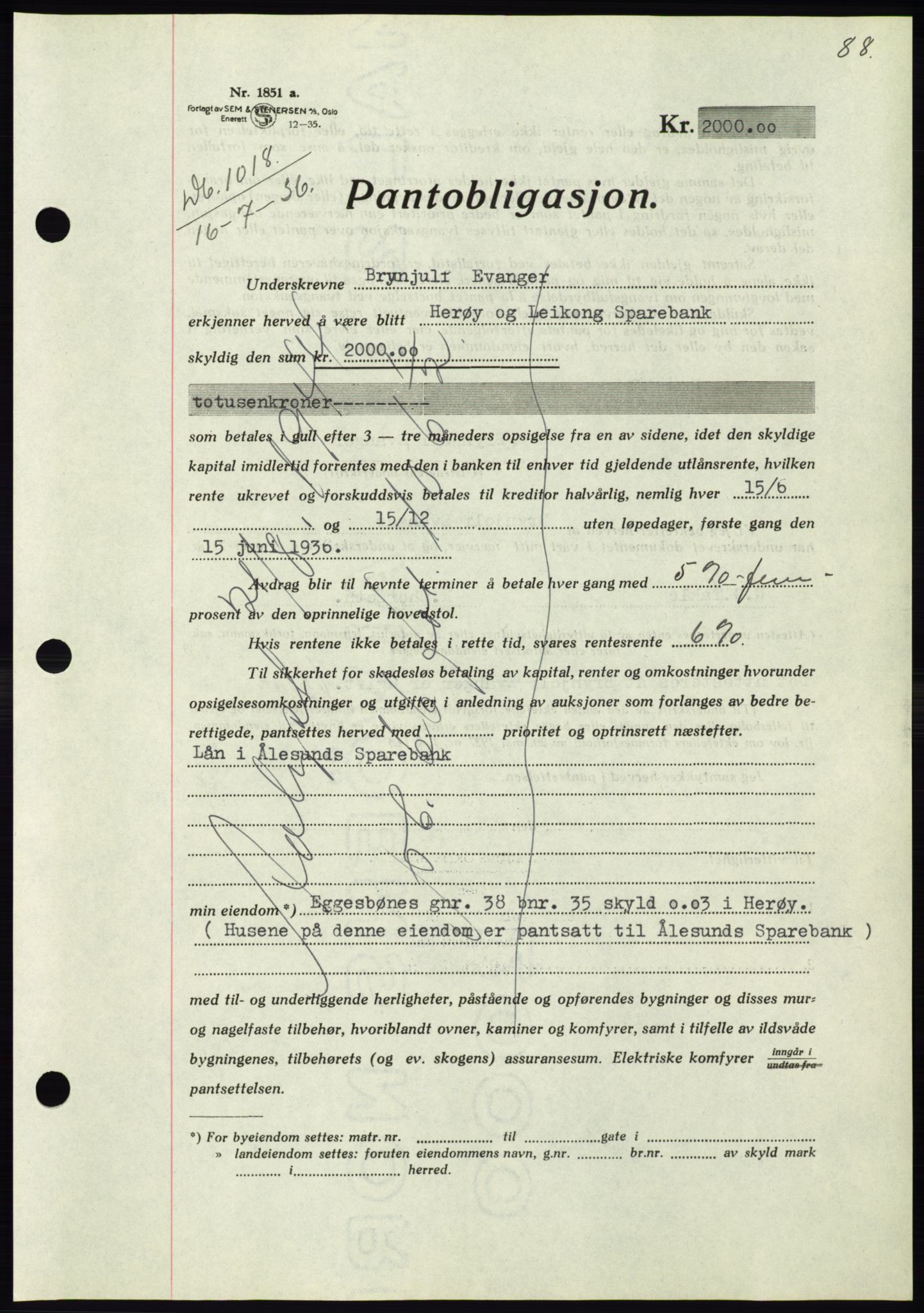 Søre Sunnmøre sorenskriveri, AV/SAT-A-4122/1/2/2C/L0061: Mortgage book no. 55, 1936-1936, Diary no: : 1018/1936