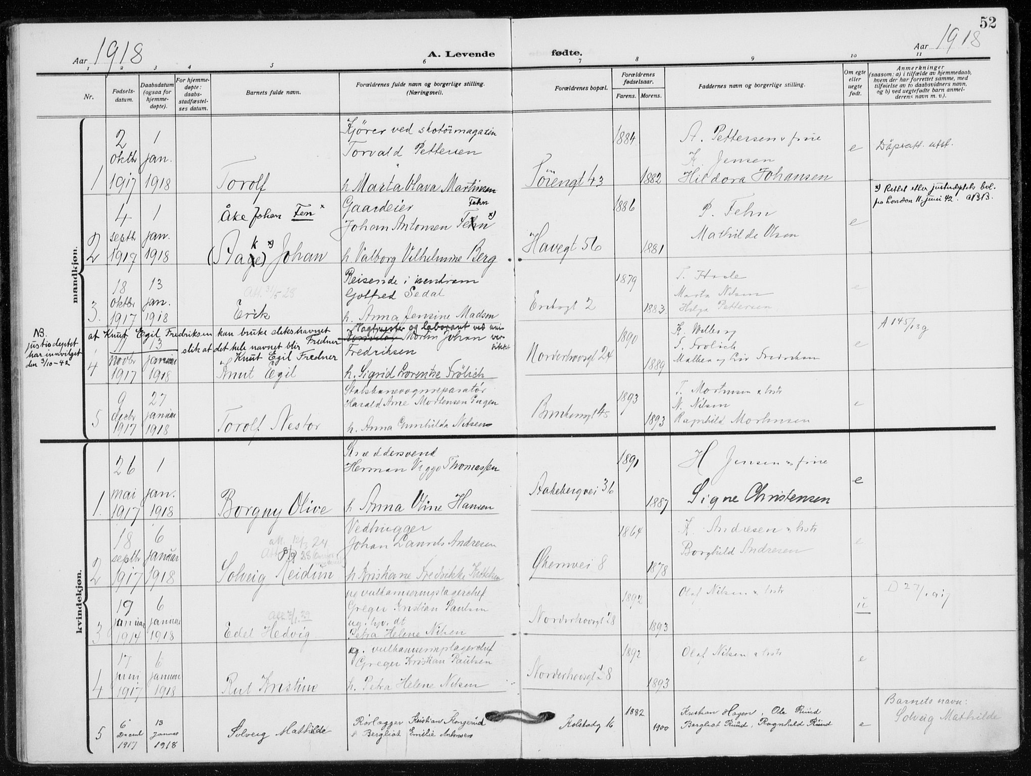 Kampen prestekontor Kirkebøker, SAO/A-10853/F/Fa/L0012: Parish register (official) no. I 12, 1916-1921, p. 52