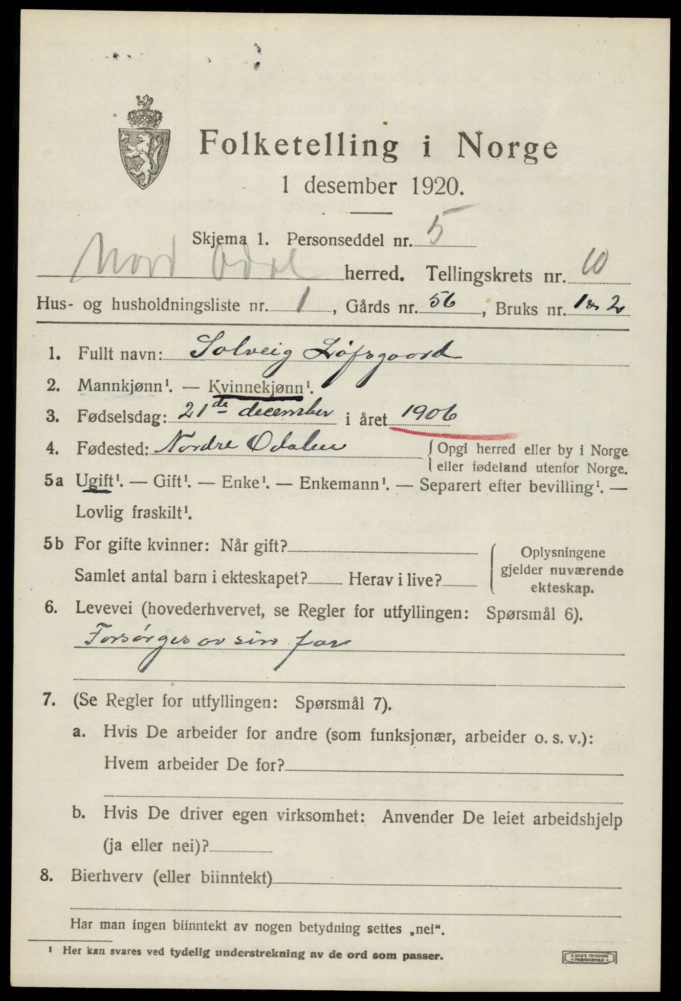 SAH, 1920 census for Nord-Odal, 1920, p. 10881