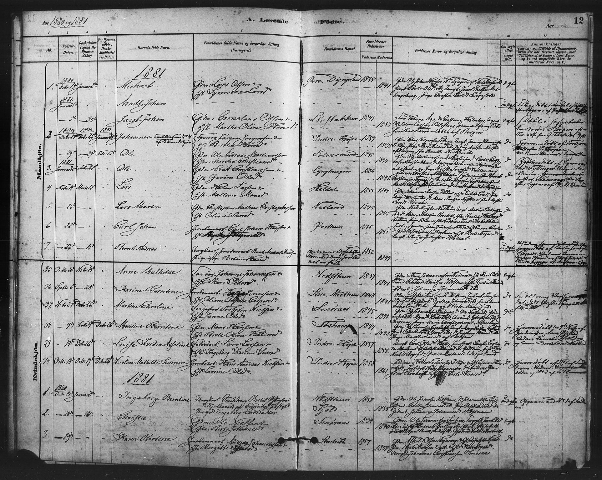 Fana Sokneprestembete, SAB/A-75101/H/Haa/Haai/L0001: Parish register (official) no. I 1, 1878-1888, p. 12