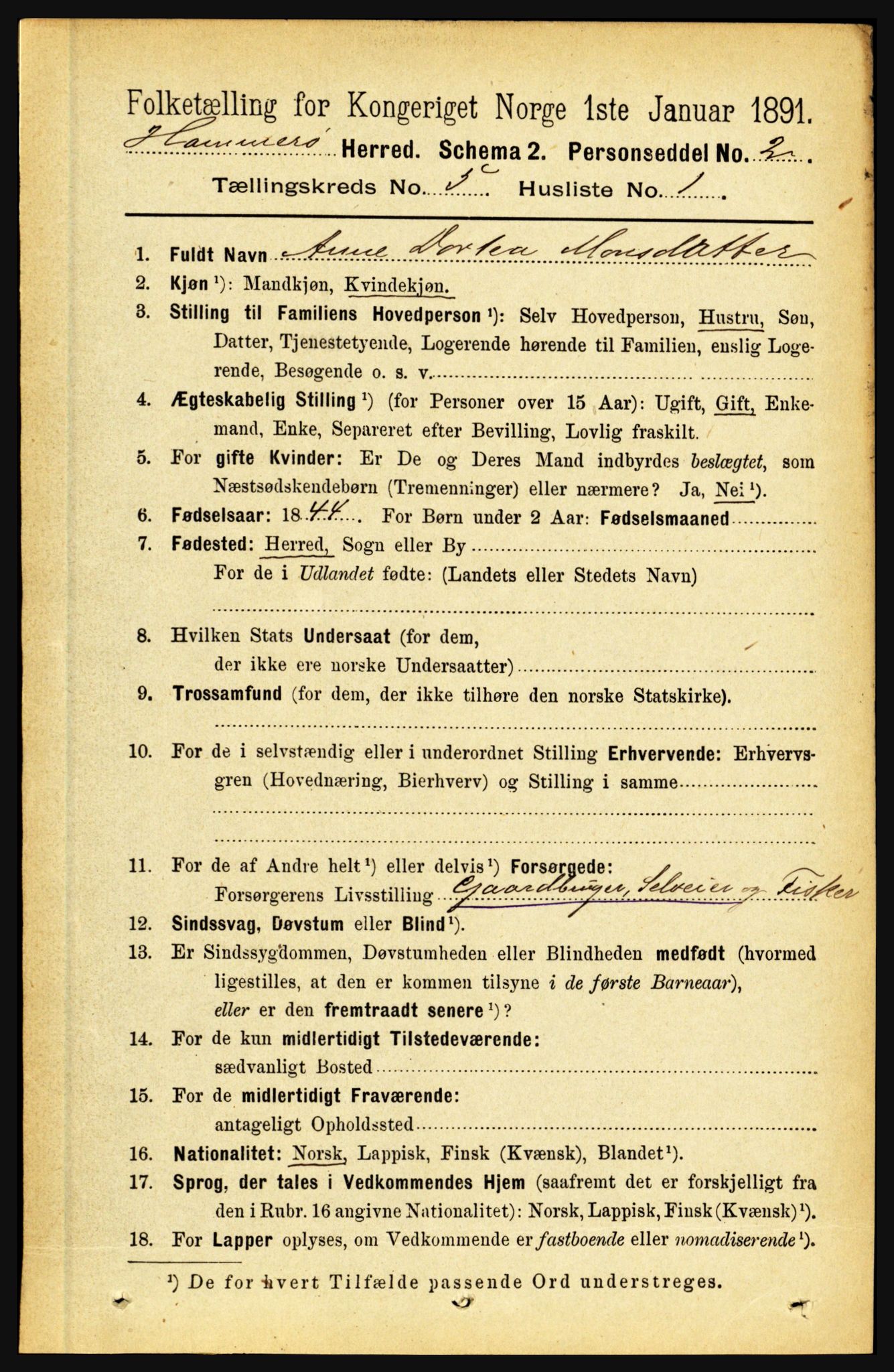 RA, 1891 census for 1849 Hamarøy, 1891, p. 2484