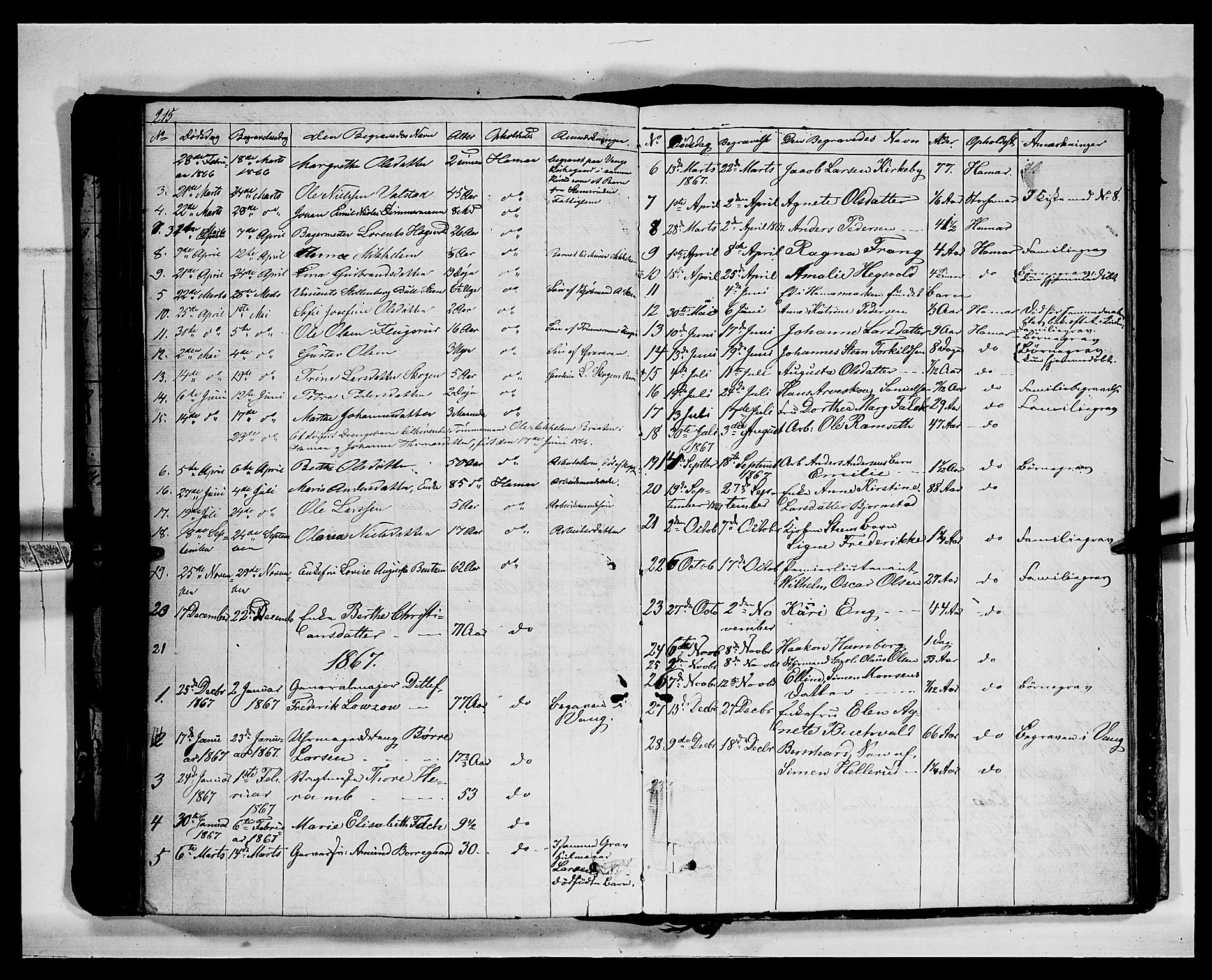 Vang prestekontor, Hedmark, SAH/PREST-008/H/Ha/Hab/L0011: Parish register (copy) no. 11, 1855-1878, p. 215
