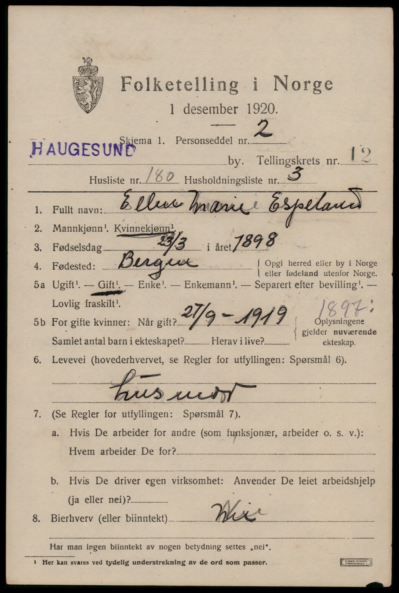 SAST, 1920 census for Haugesund, 1920, p. 41459