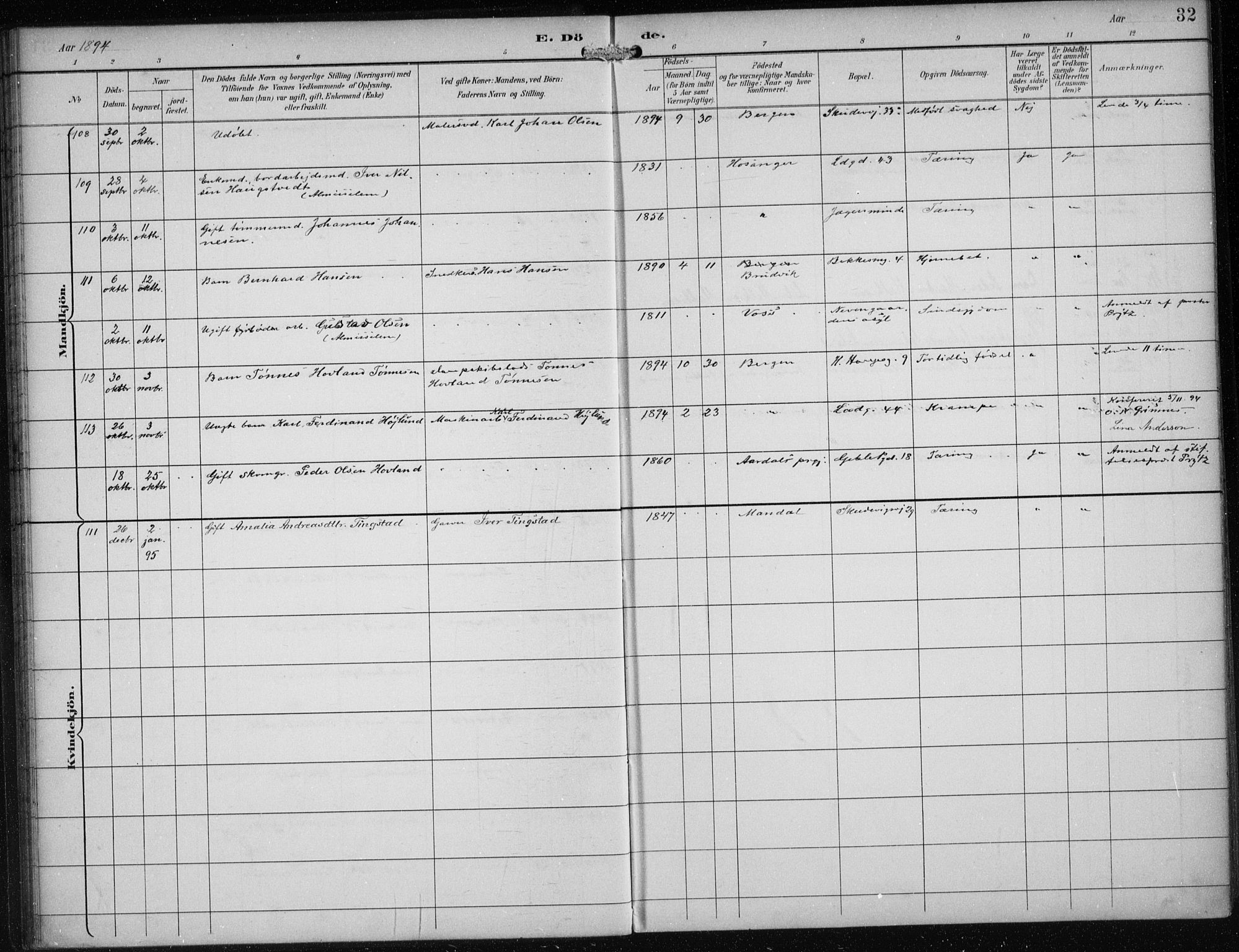 Sandviken Sokneprestembete, AV/SAB-A-77601/H/Ha/L0018: Parish register (official) no. E 1, 1893-1905, p. 32