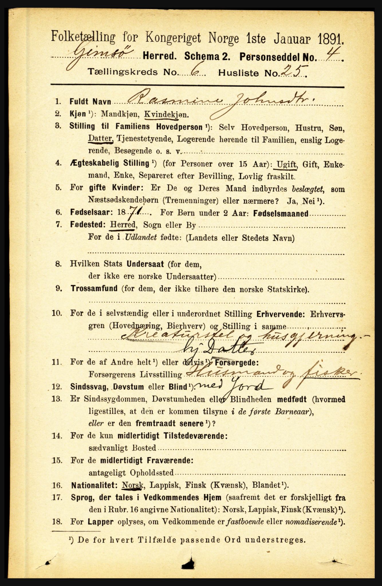 RA, 1891 census for 1864 Gimsøy, 1891, p. 1163