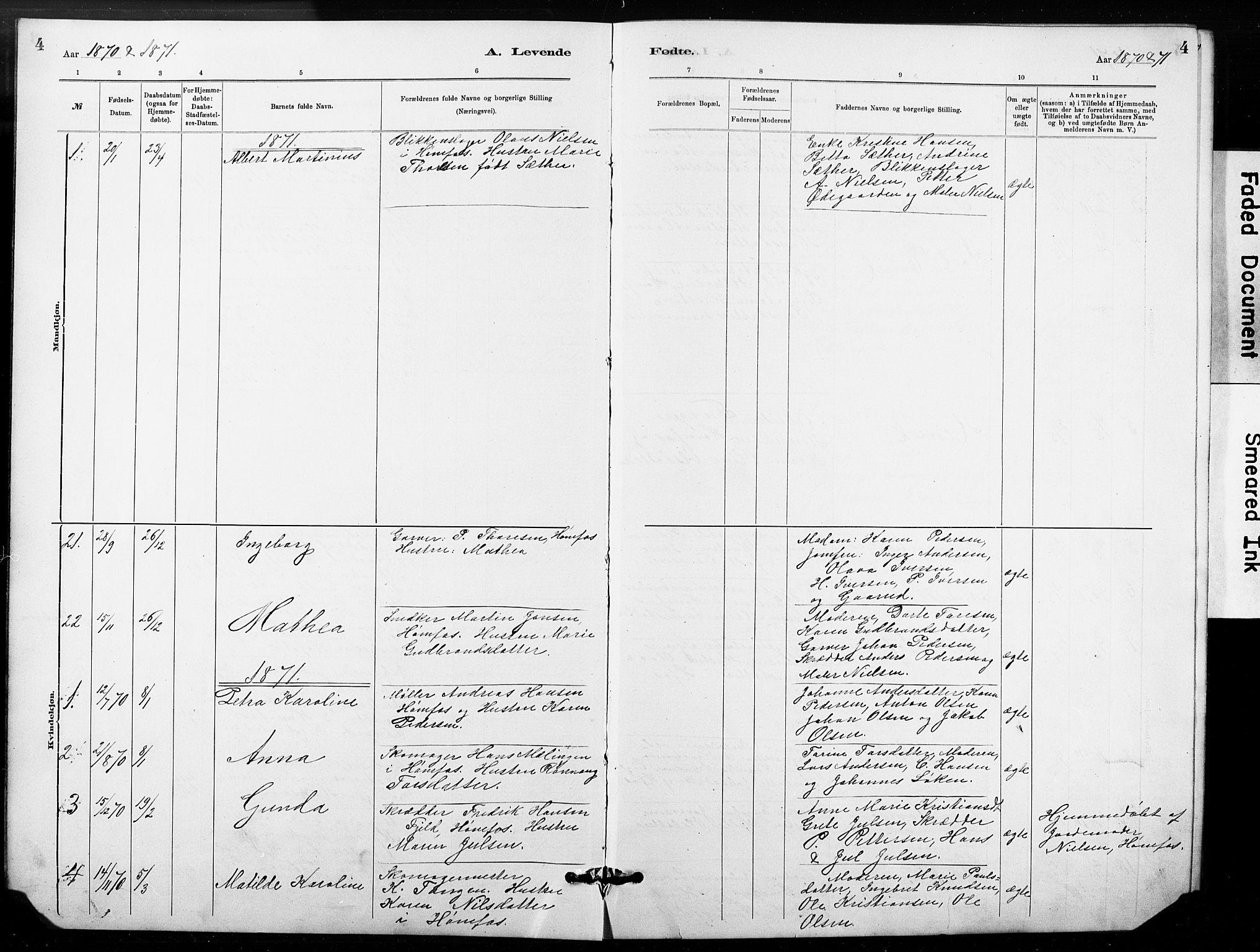 Hønefoss kirkebøker, SAKO/A-609/G/Ga/L0001: Parish register (copy) no. 1, 1870-1887, p. 4
