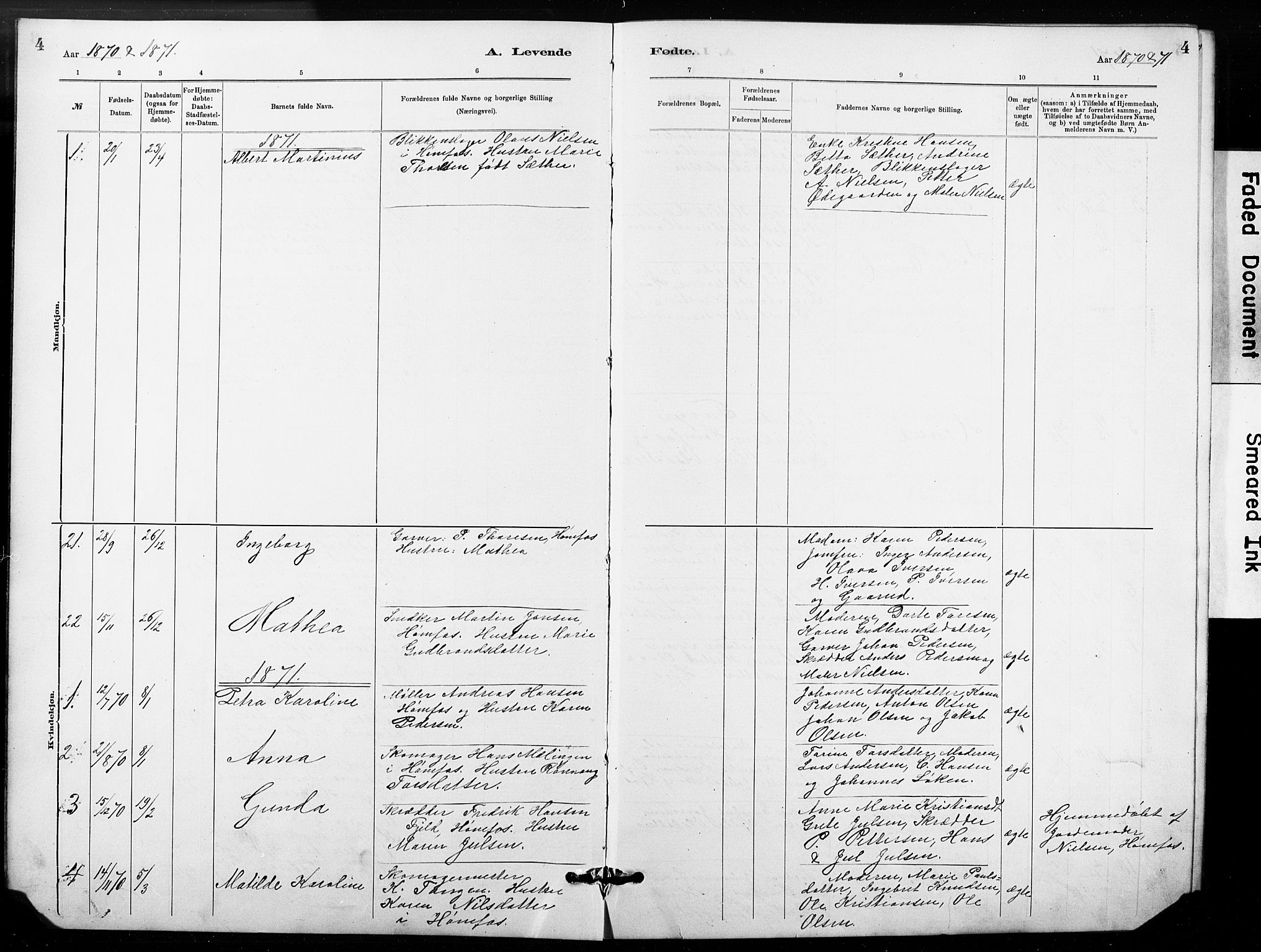 Hønefoss kirkebøker, AV/SAKO-A-609/G/Ga/L0001: Parish register (copy) no. 1, 1870-1887, p. 4