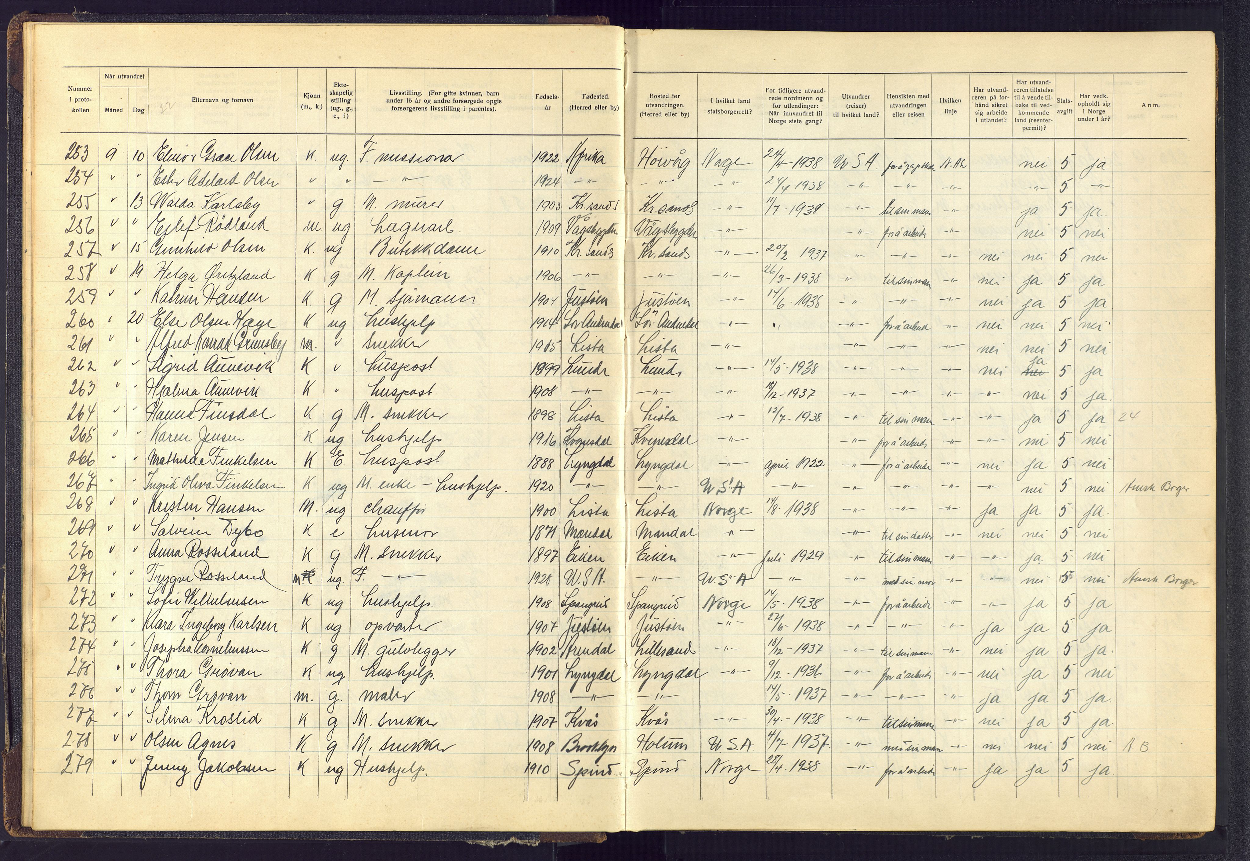 Kristiansand politikammer, AV/SAK-1243-0004/K/Kb/L0248: Emigrantprotokoll, 1938-1951, p. 11